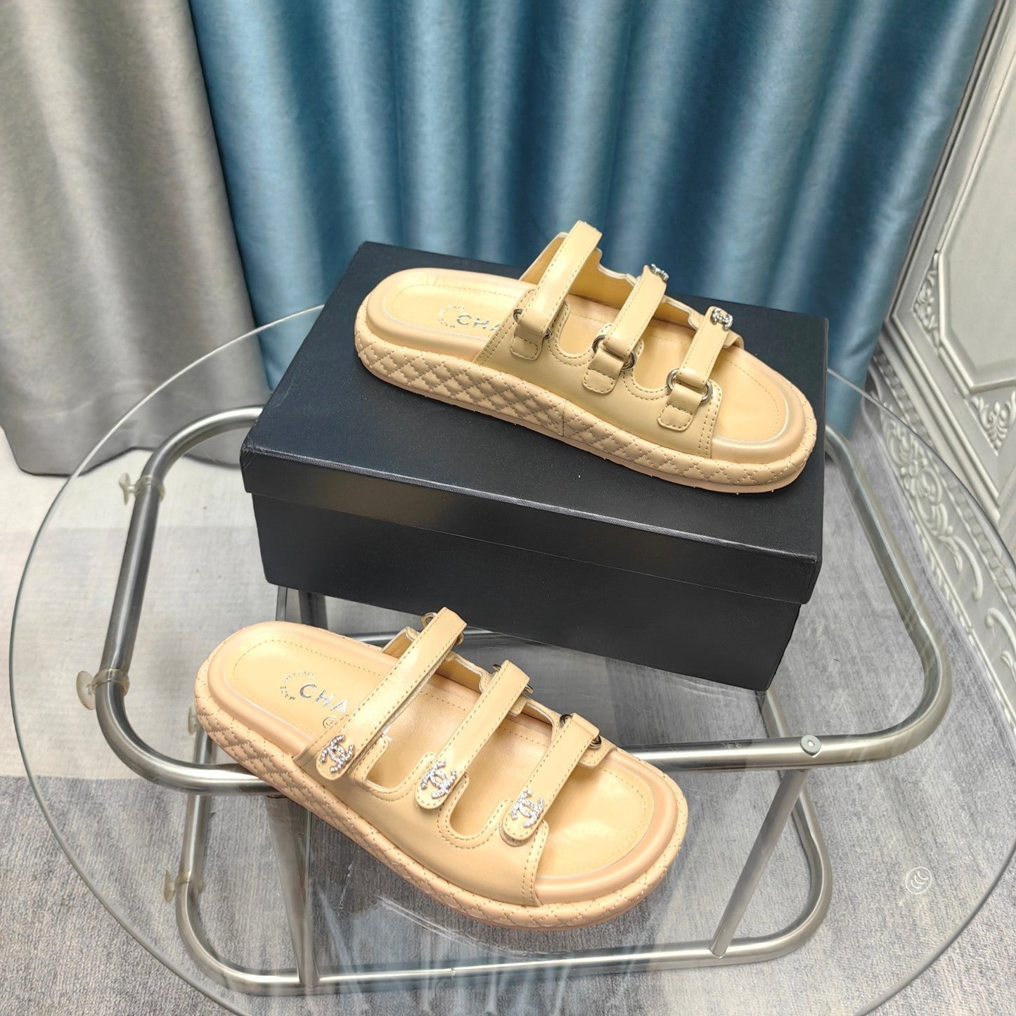 CHANEL 25C Sandal Triple Straps Beige Calfskin