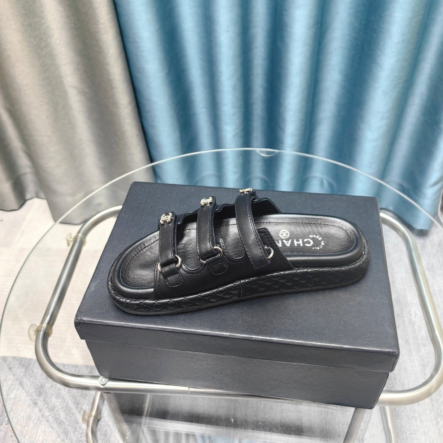 CHANEL 25C Sandal Triple Straps Black Calfskin