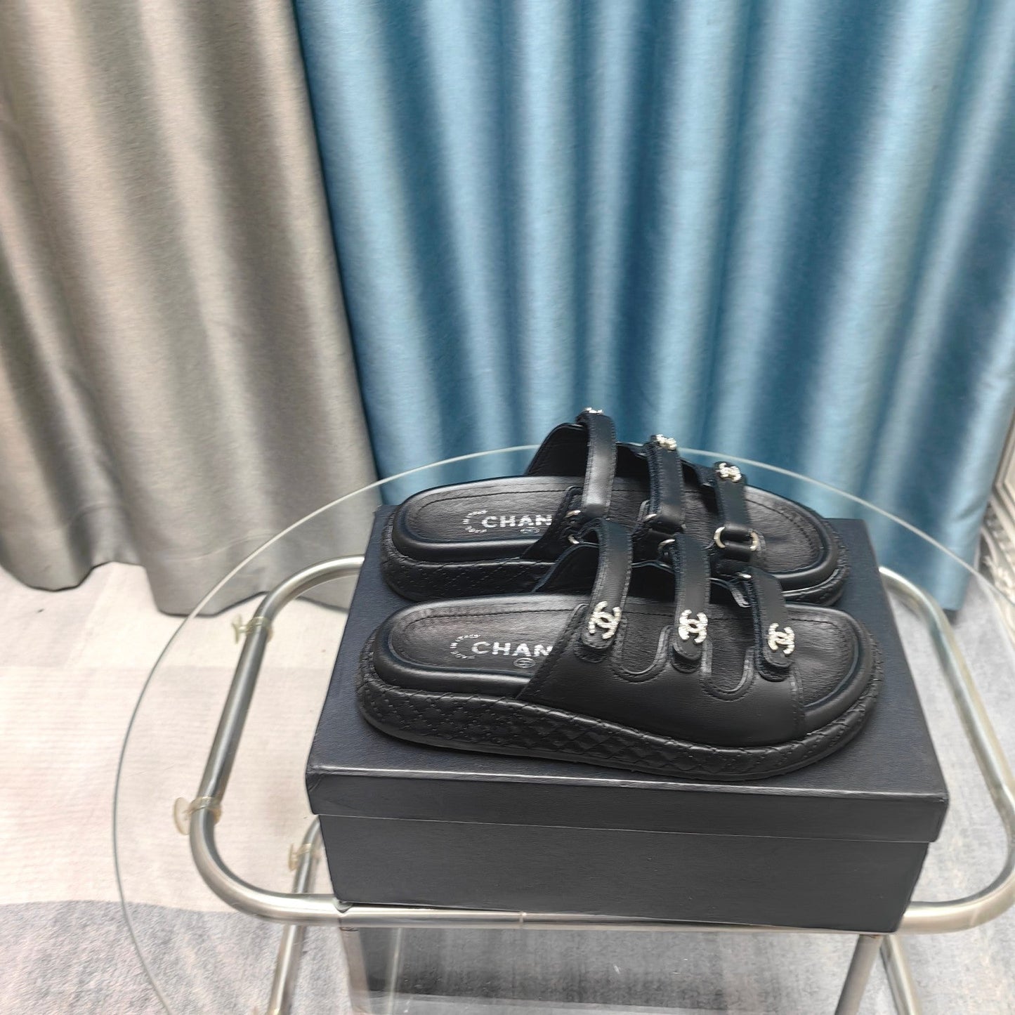 CHANEL 25C Sandal Triple Straps Black Calfskin