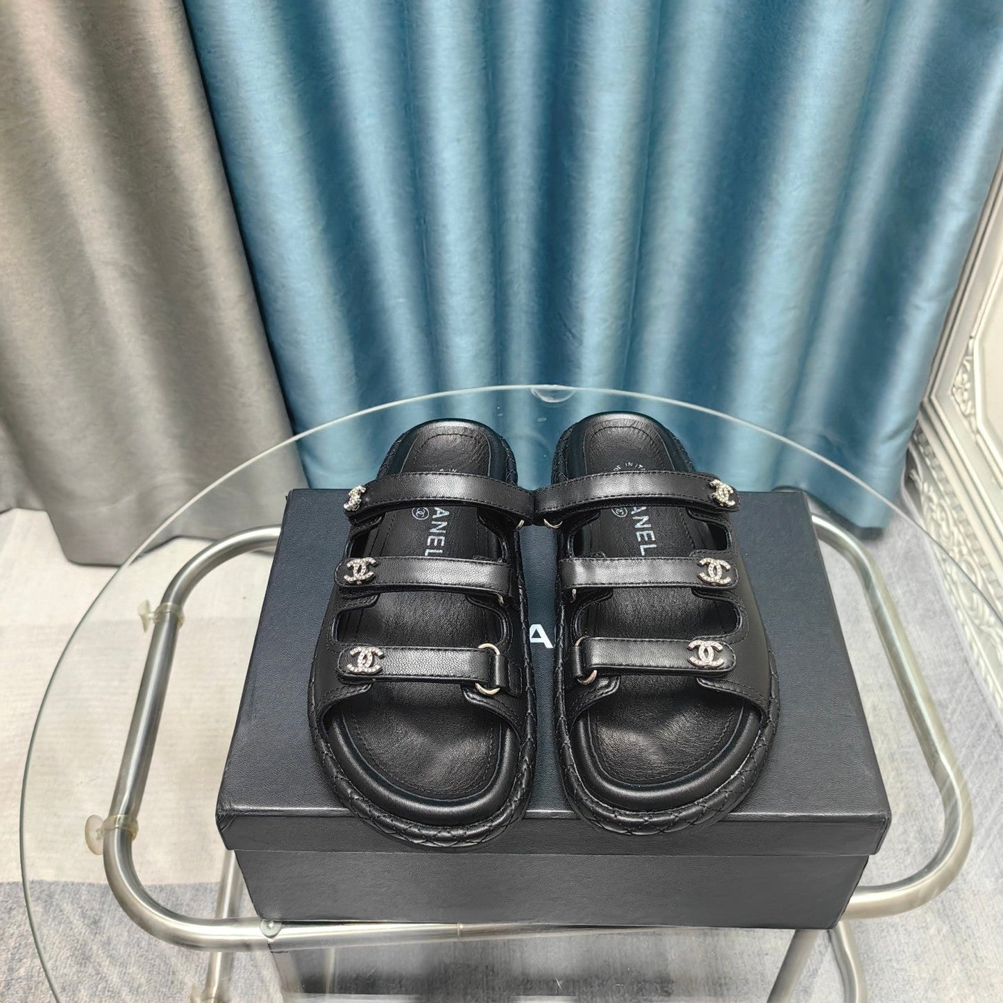 CHANEL 25C Sandal Triple Straps Black Calfskin