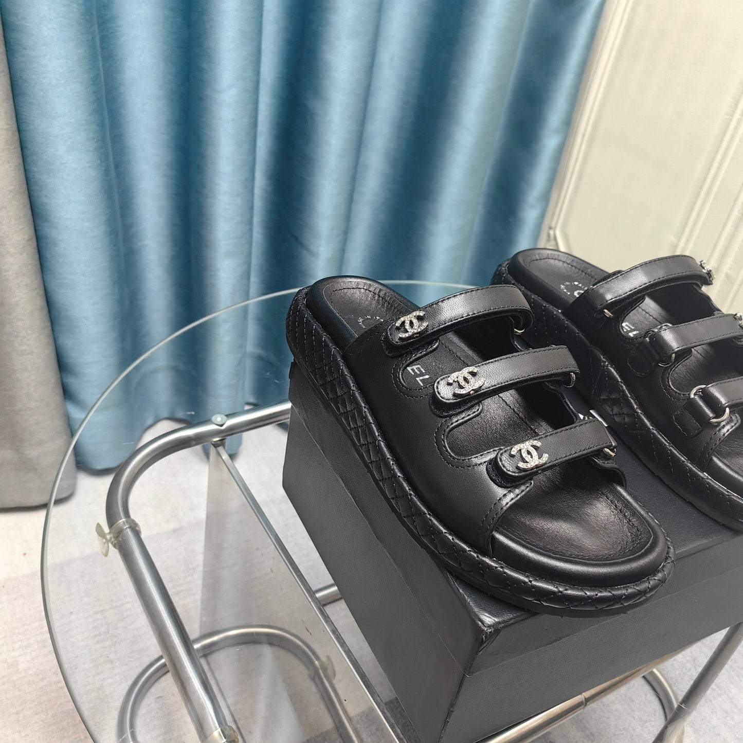 CHANEL 25C Sandal Triple Straps Black Calfskin