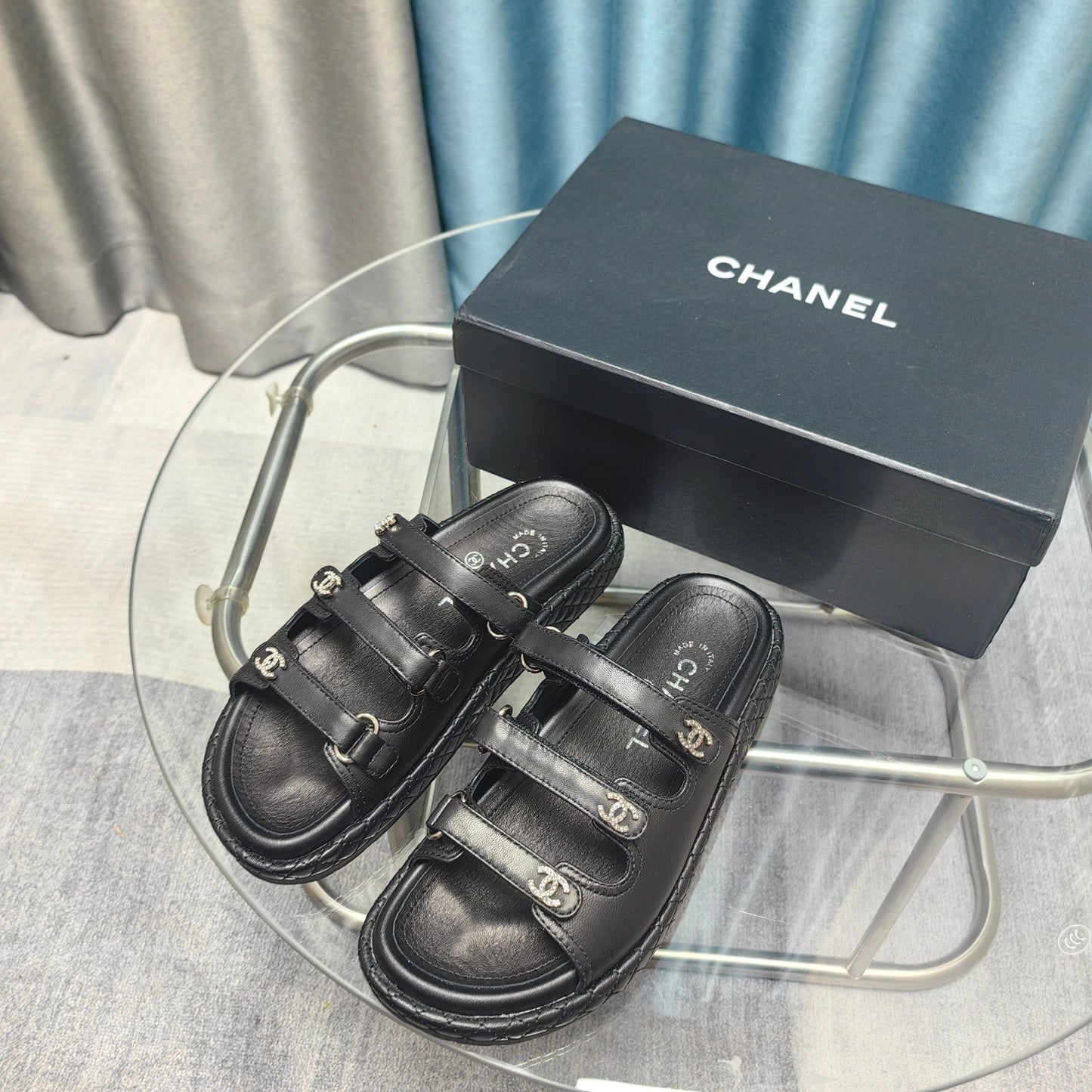 CHANEL 25C Sandal Triple Straps Black Calfskin