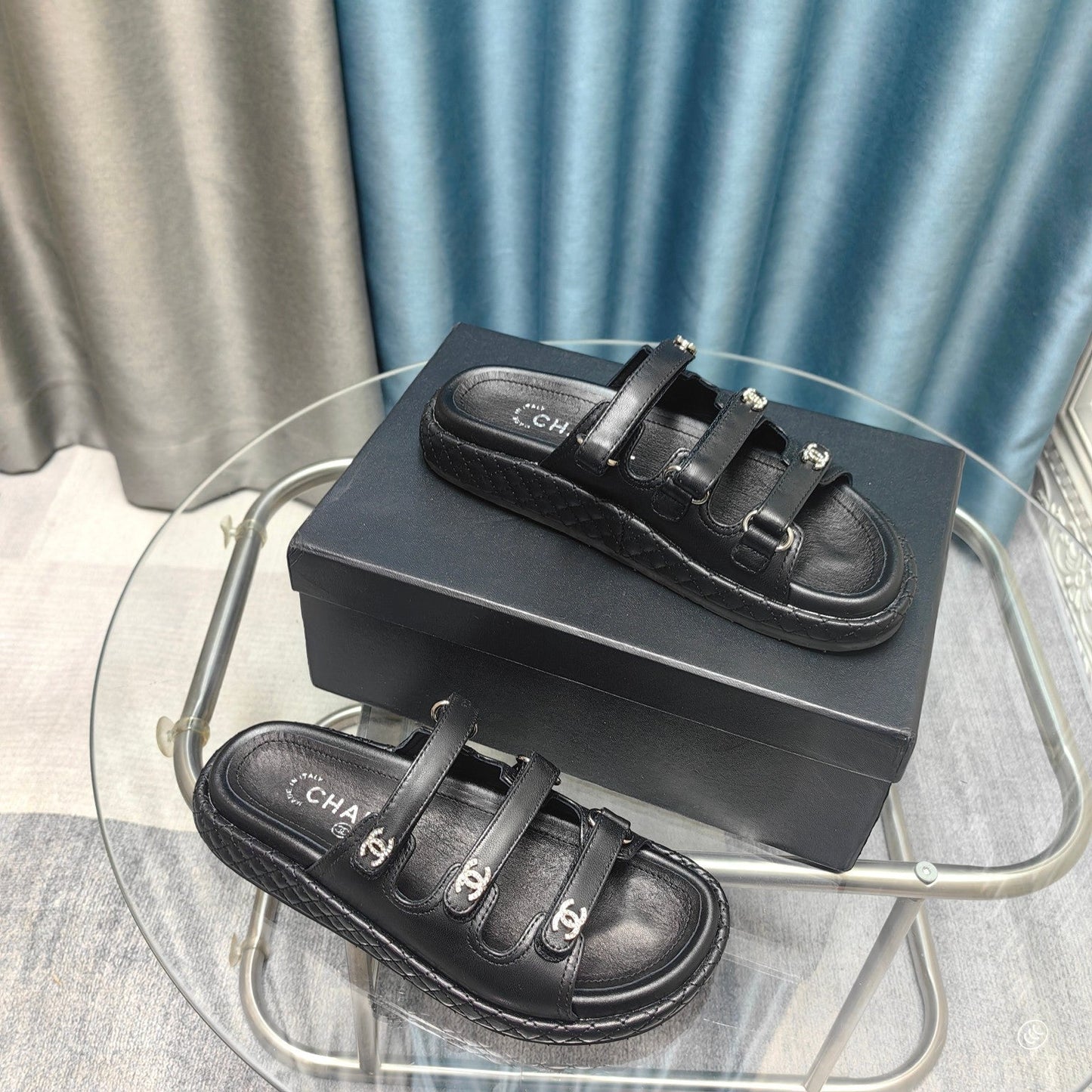 CHANEL 25C Sandal Triple Straps Black Calfskin