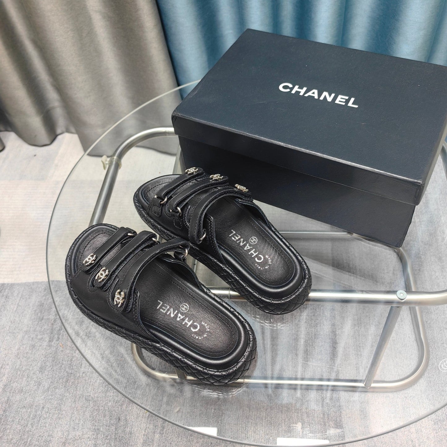 CHANEL 25C Sandal Triple Straps Black Calfskin