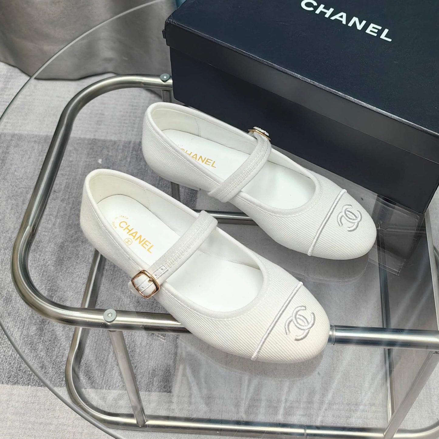 CHANEL 25C Marry Janes White Fabric