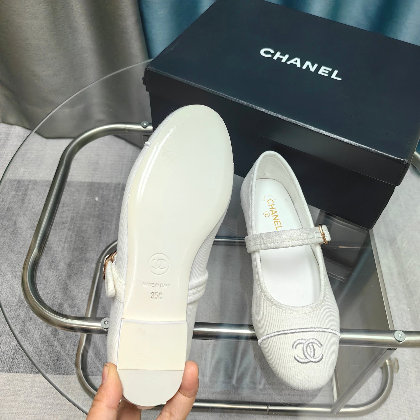 CHANEL 25C Marry Janes White Fabric
