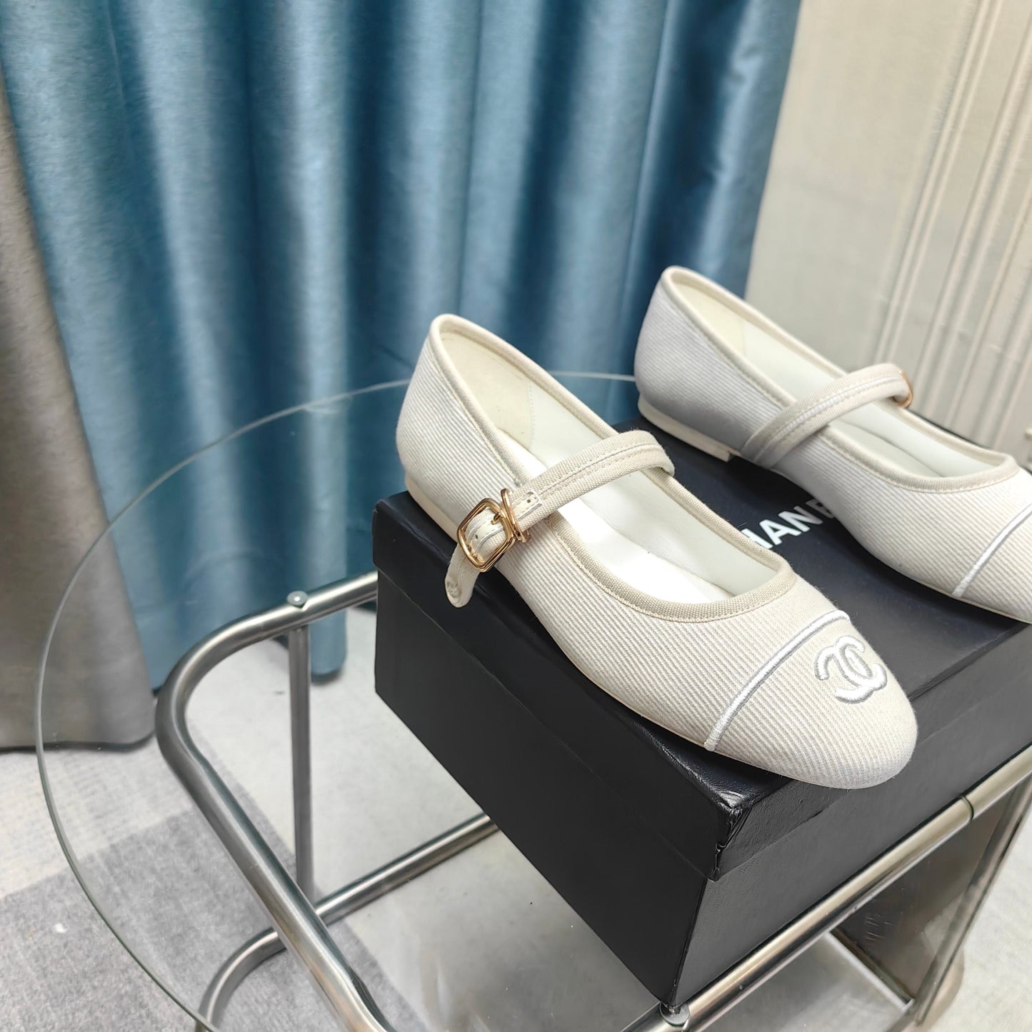 CHANEL 25C Marry Janes Cream Fabric