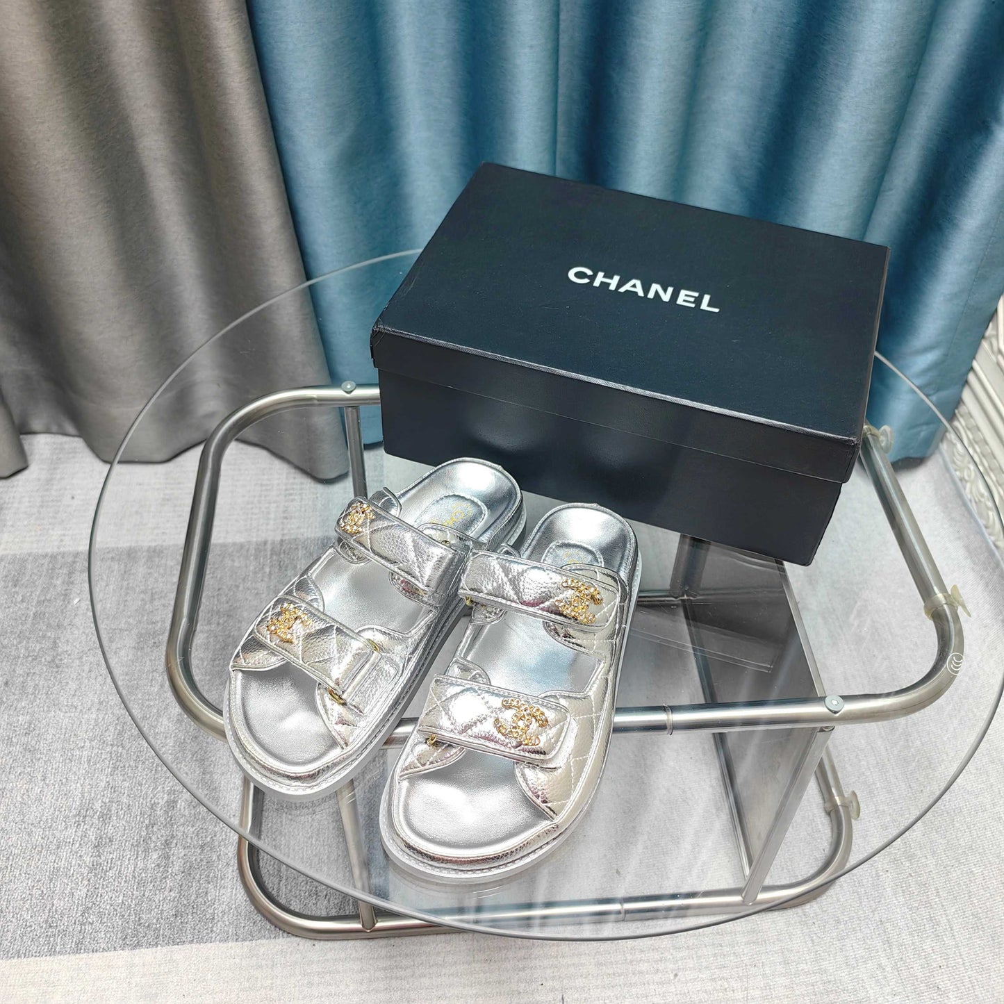 CHANEL 25C Dad Mule Silver Metalic Grained Calfskin