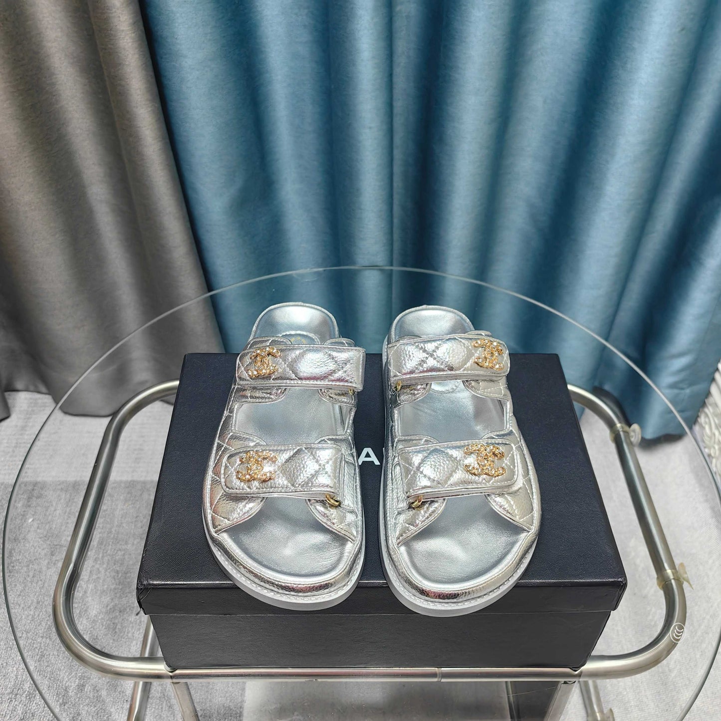 CHANEL 25C Dad Mule Silver Metalic Grained Calfskin