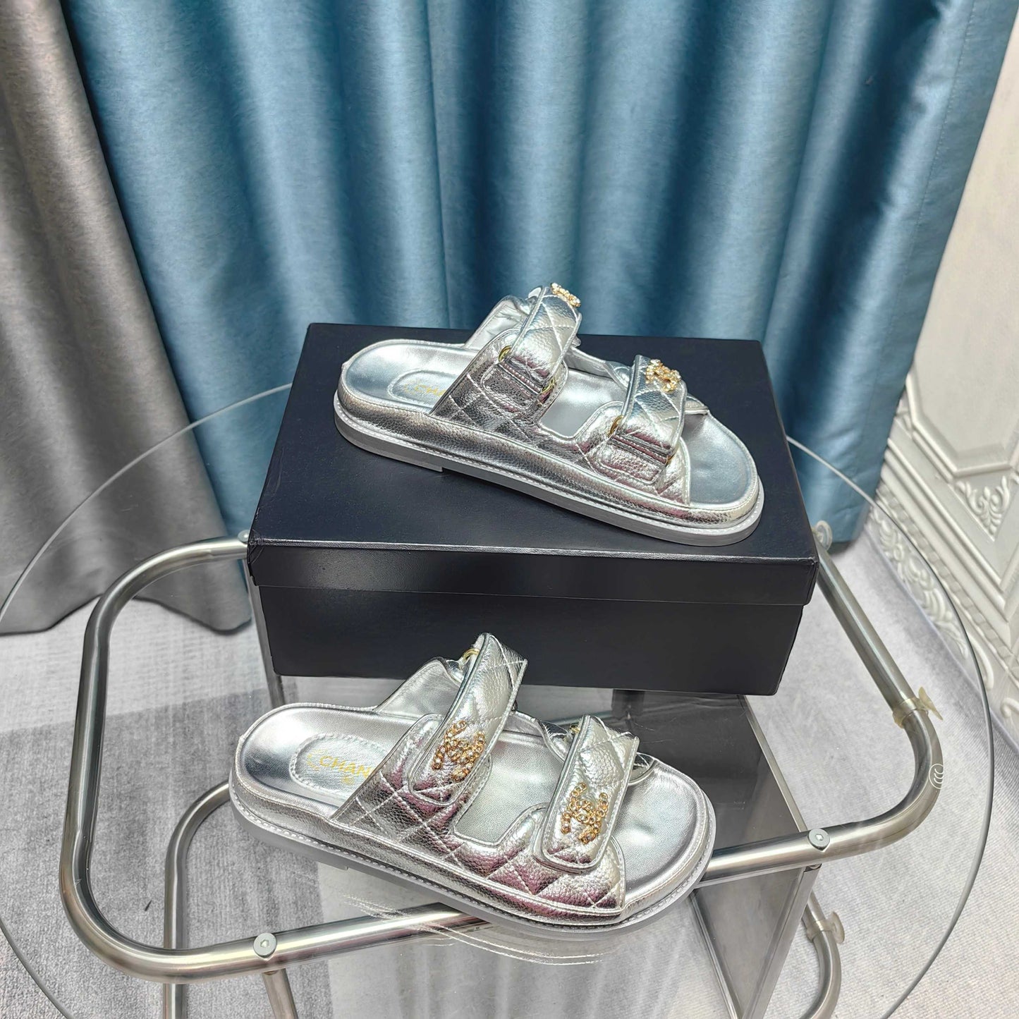 CHANEL 25C Dad Mule Silver Metalic Grained Calfskin