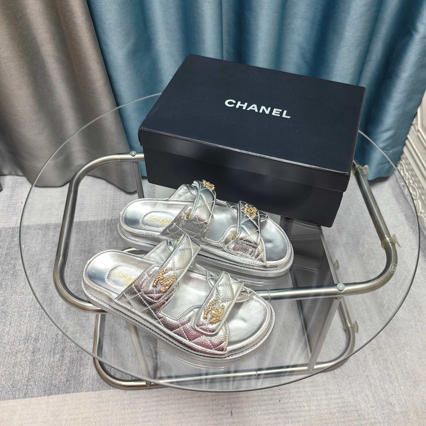 CHANEL 25C Dad Mule Silver Metalic Grained Calfskin