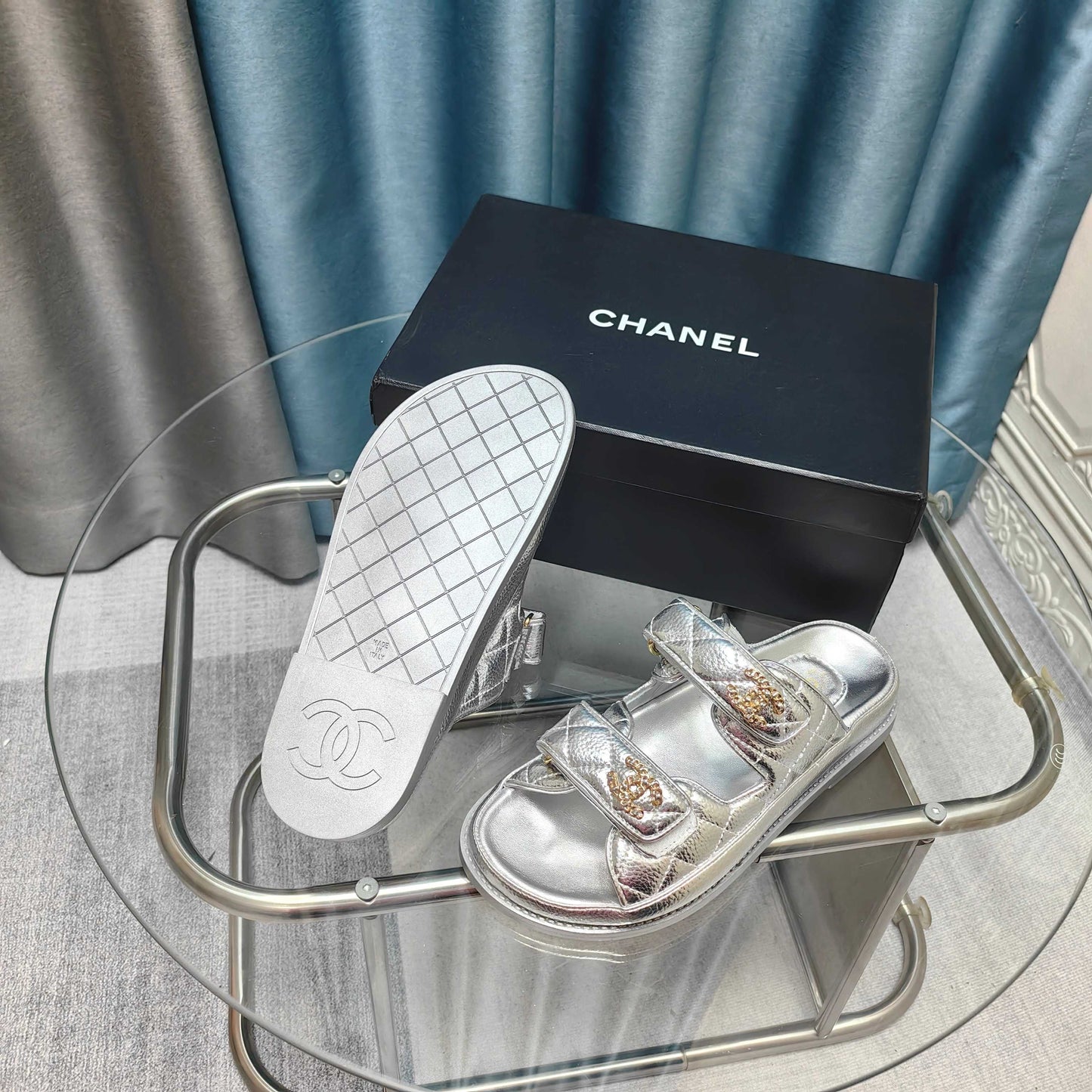 CHANEL 25C Dad Mule Silver Metalic Grained Calfskin