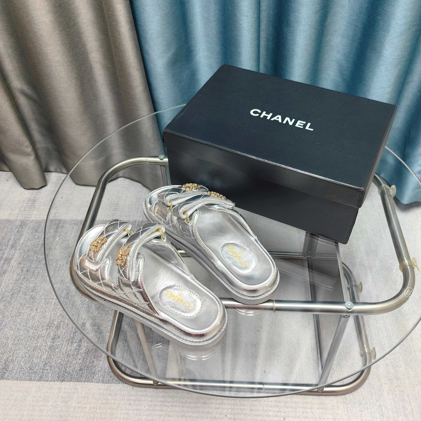 CHANEL 25C Dad Mule Silver Metalic Grained Calfskin