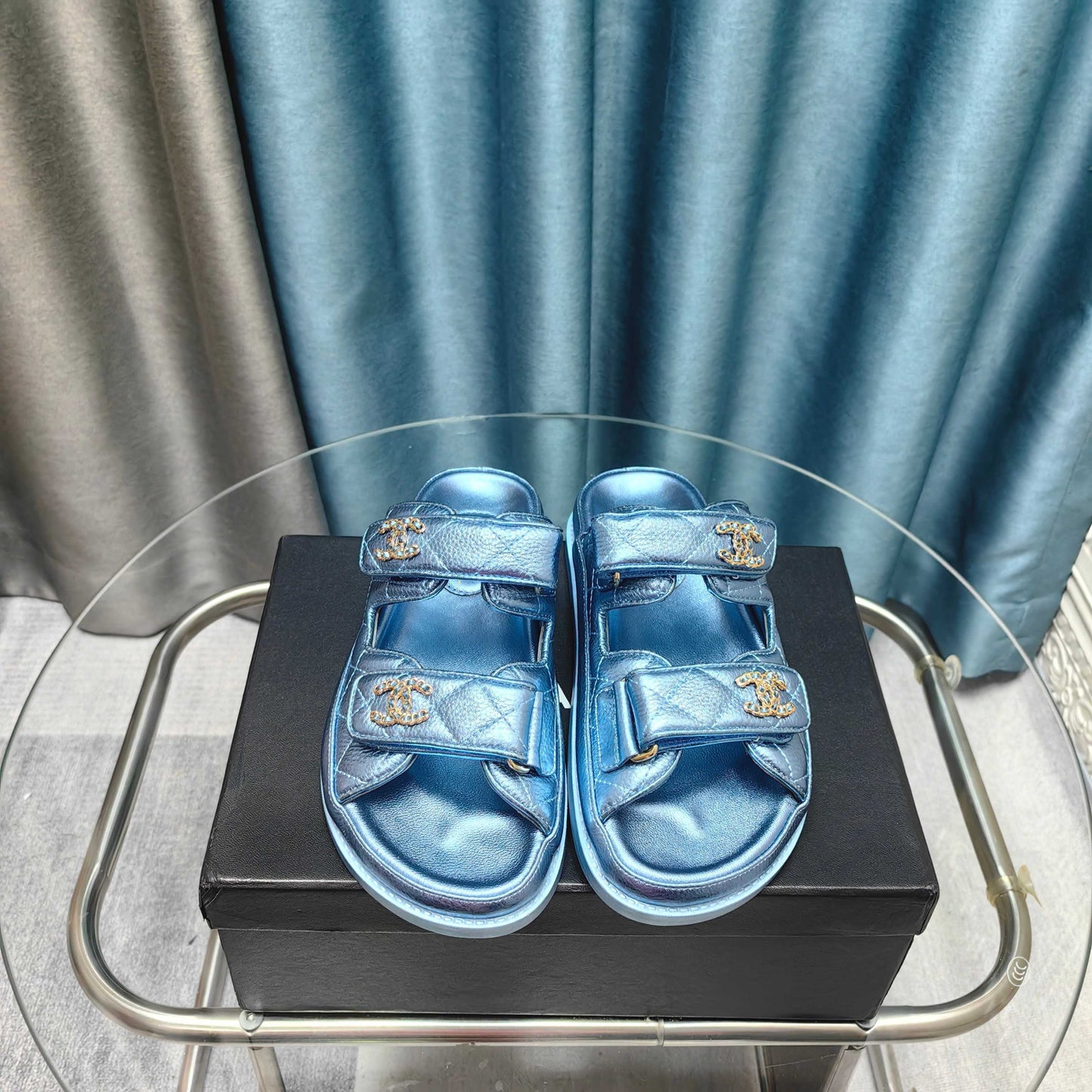 CHANEL 25C Dad Mule Cloud Blue Metalic Grained Calfskin