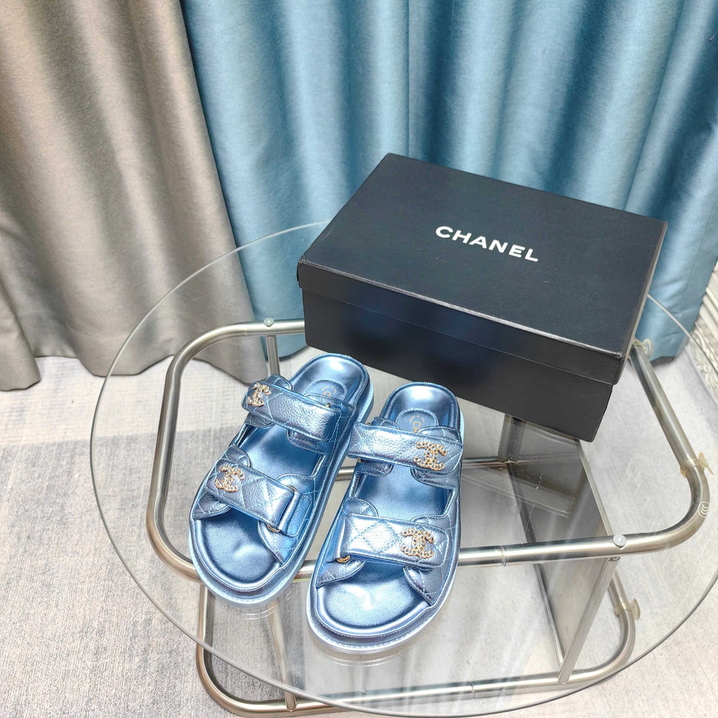 CHANEL 25C Dad Mule Cloud Blue Metalic Grained Calfskin