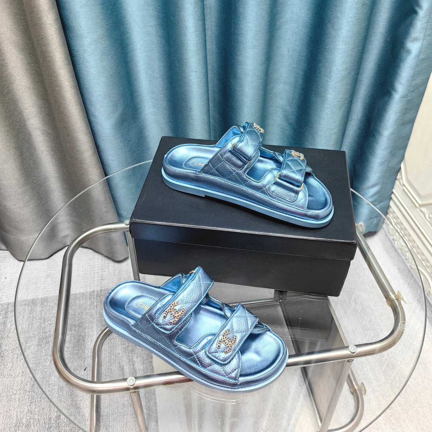CHANEL 25C Dad Mule Cloud Blue Metalic Grained Calfskin