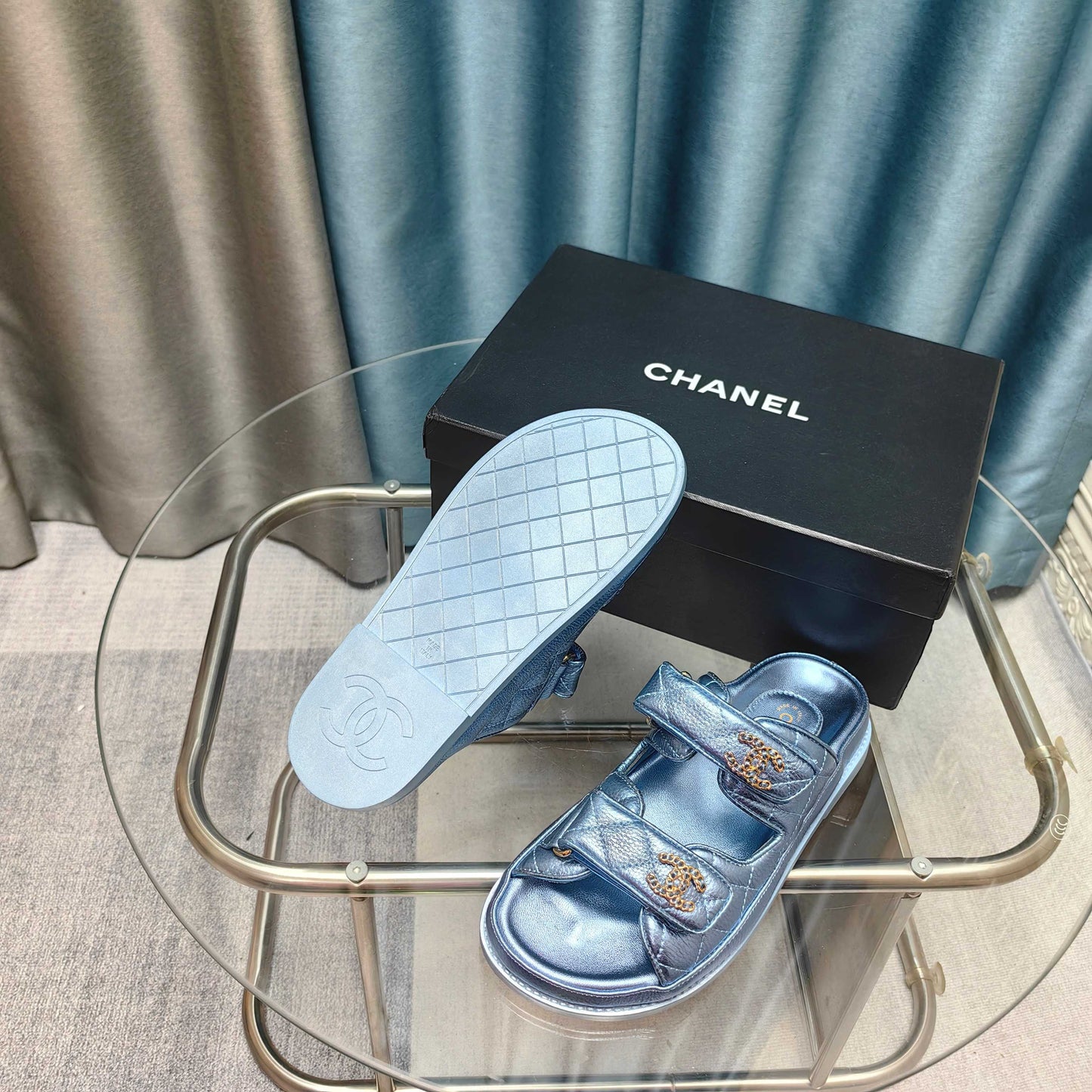 CHANEL 25C Dad Mule Cloud Blue Metalic Grained Calfskin
