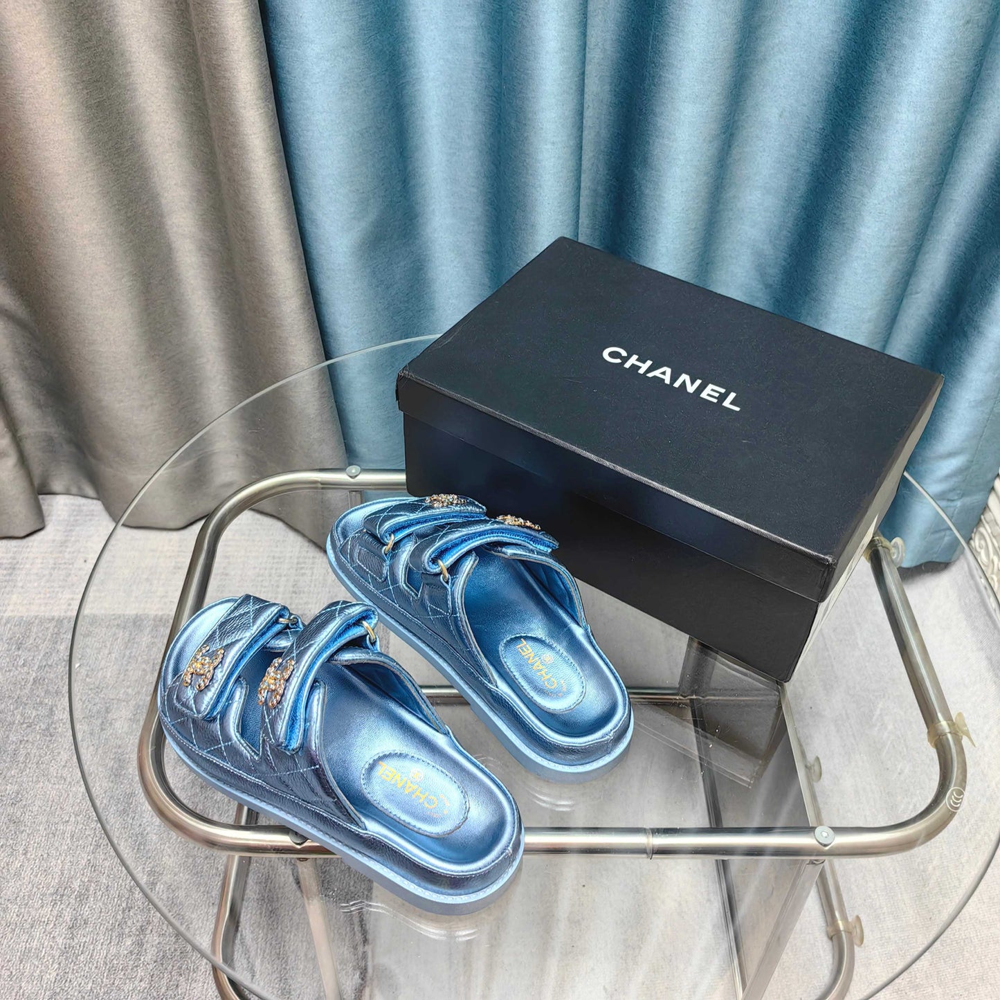 CHANEL 25C Dad Mule Cloud Blue Metalic Grained Calfskin