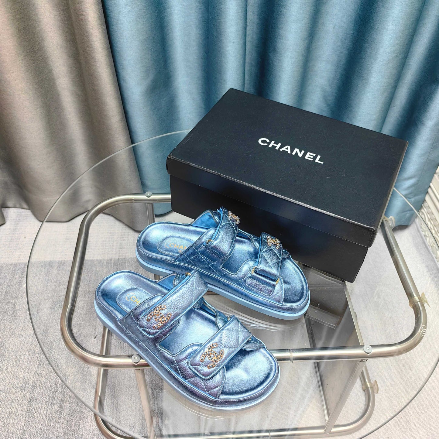 CHANEL 25C Dad Mule Cloud Blue Metalic Grained Calfskin