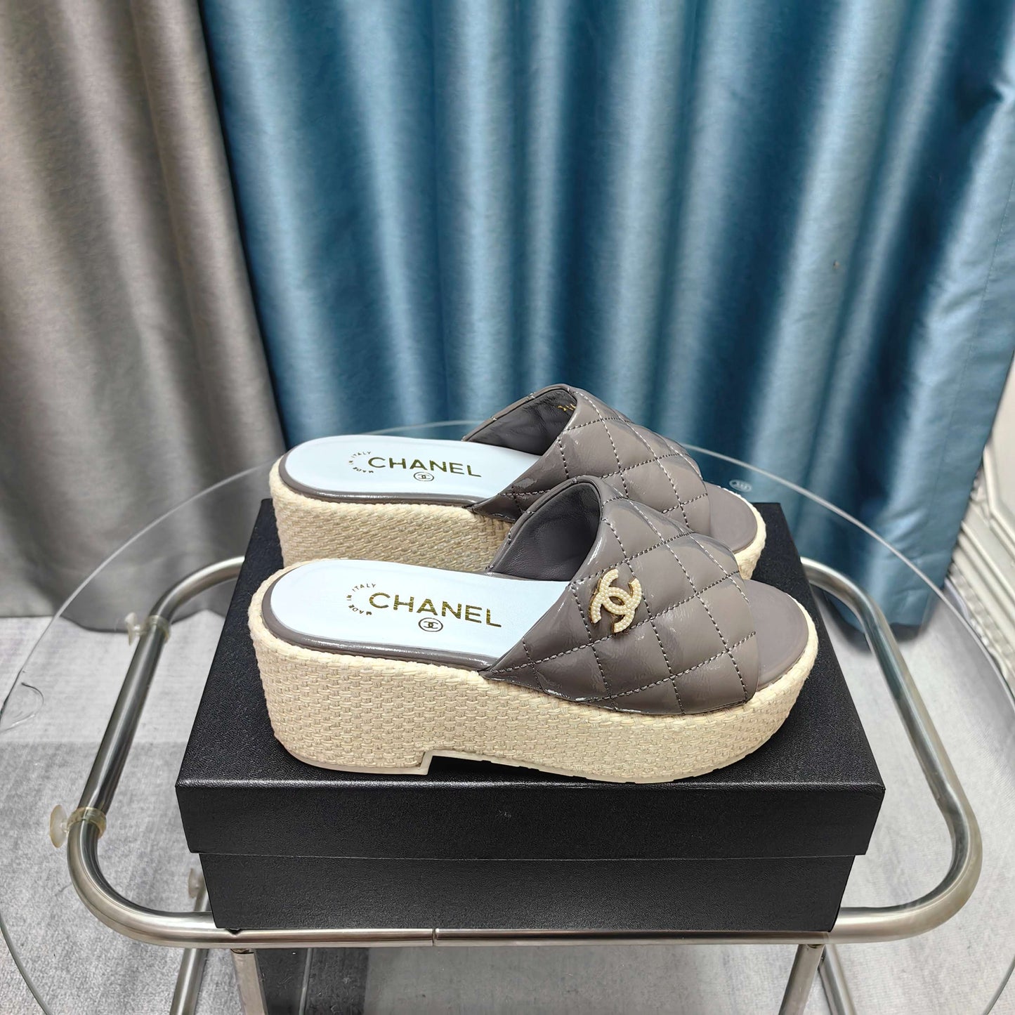 CHANEL 25 Platform Sandal 10cm Patent Calfskin
