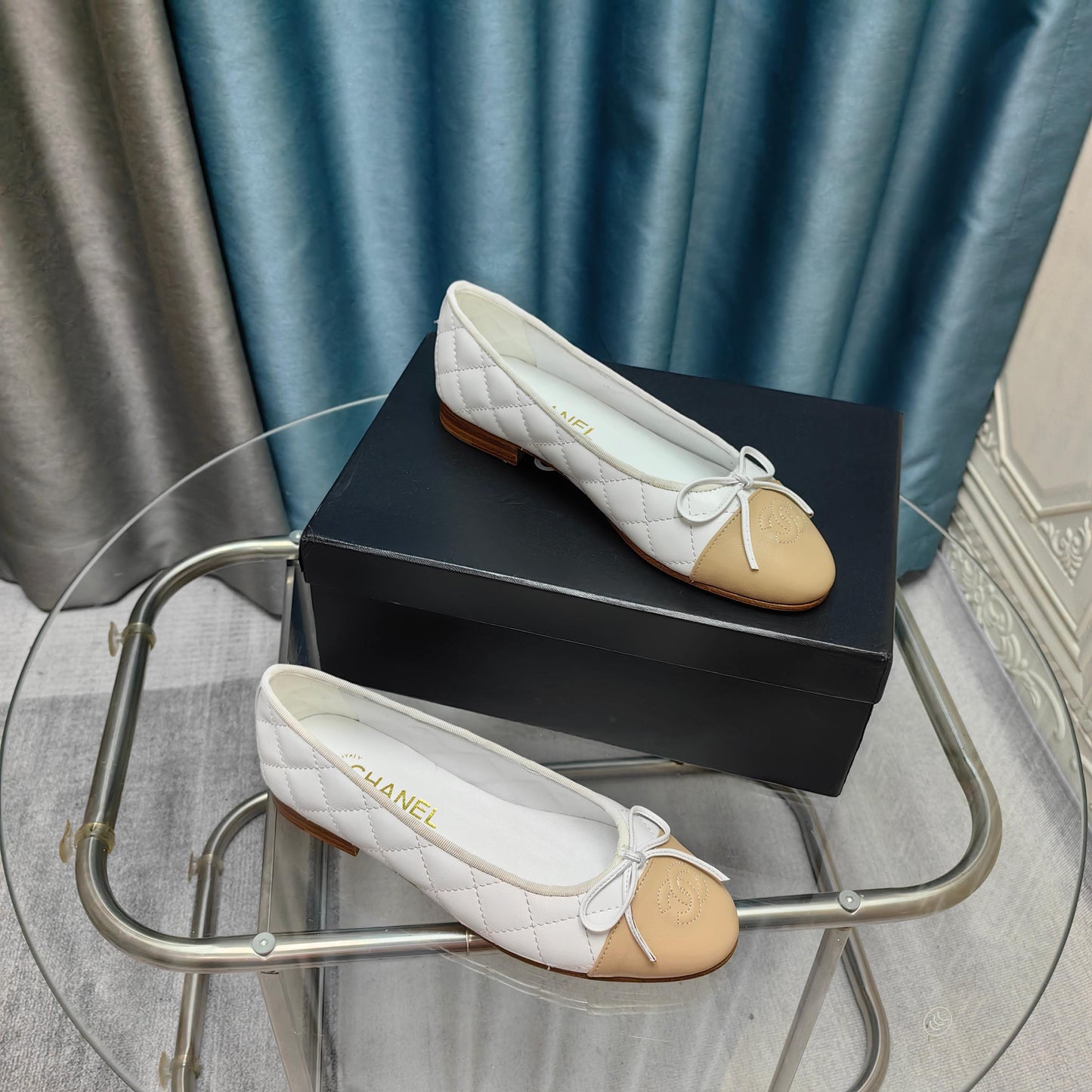 CHANEL 25P Ballet Flat White Beige Quilted Calfskin