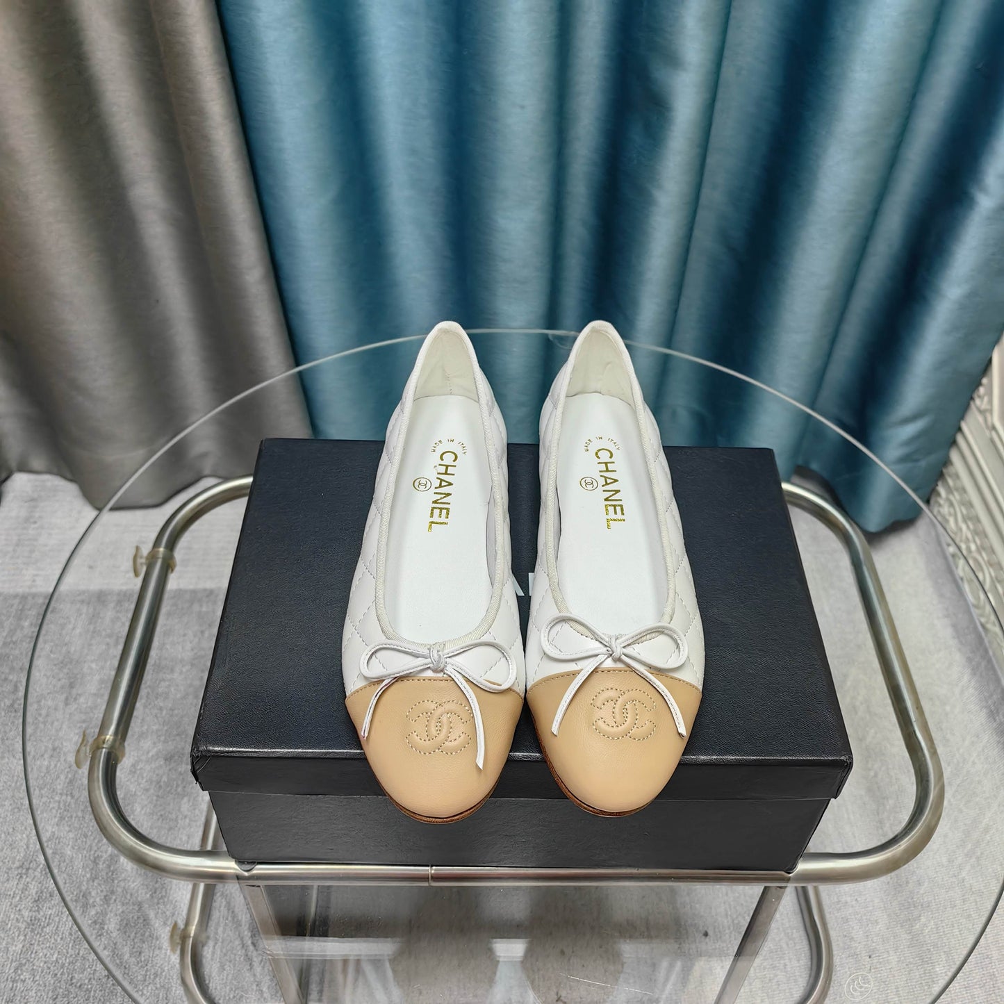 CHANEL 25P Ballet Flat White Beige Quilted Calfskin