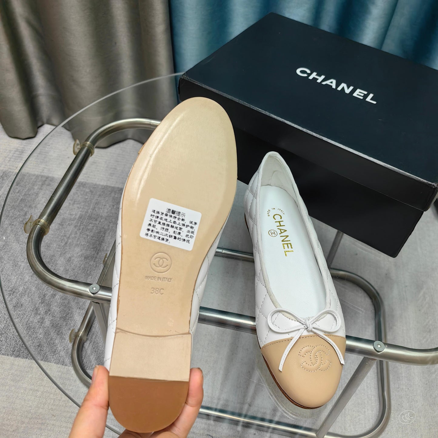 CHANEL 25P Ballet Flat White Beige Quilted Calfskin
