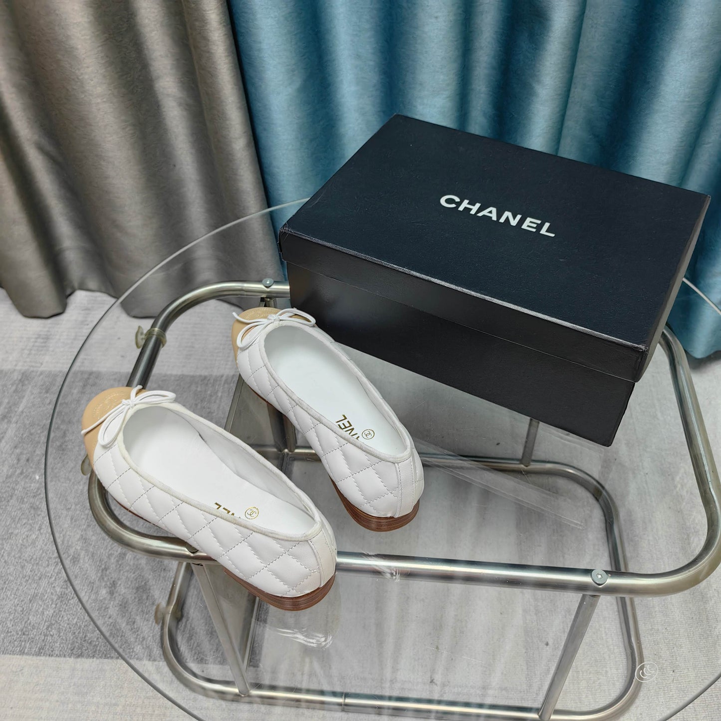 CHANEL 25P Ballet Flat White Beige Quilted Calfskin