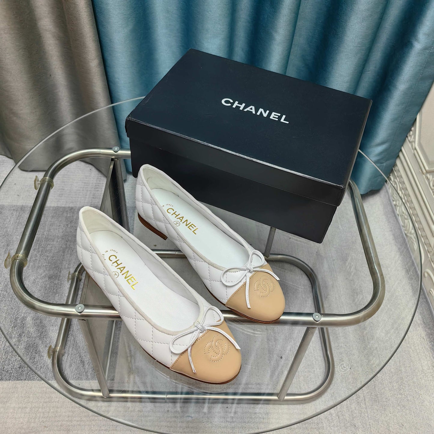 CHANEL 25P Ballet Flat White Beige Quilted Calfskin