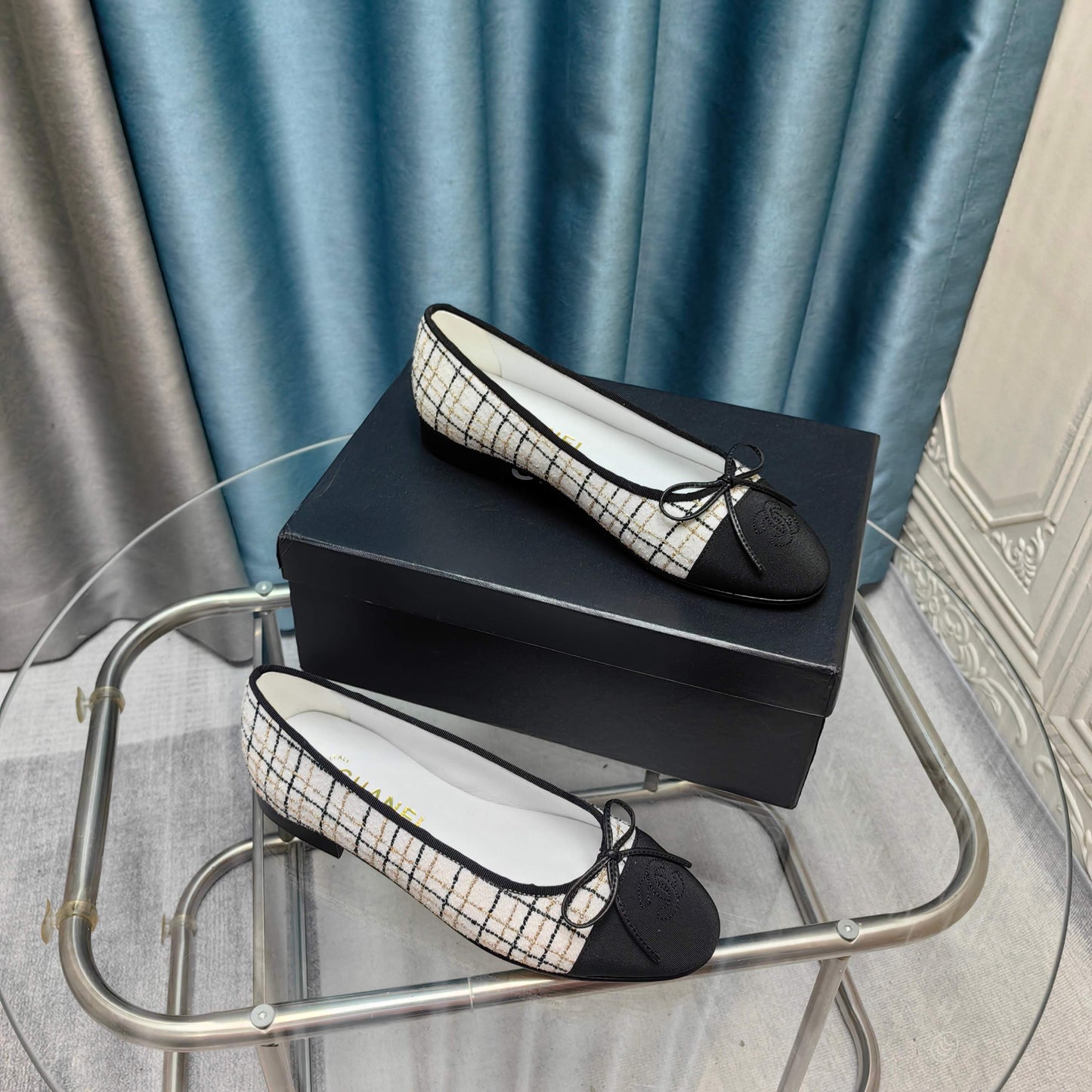 CHANEL 25P Ballet Flat White Tweed Black Grosgrain