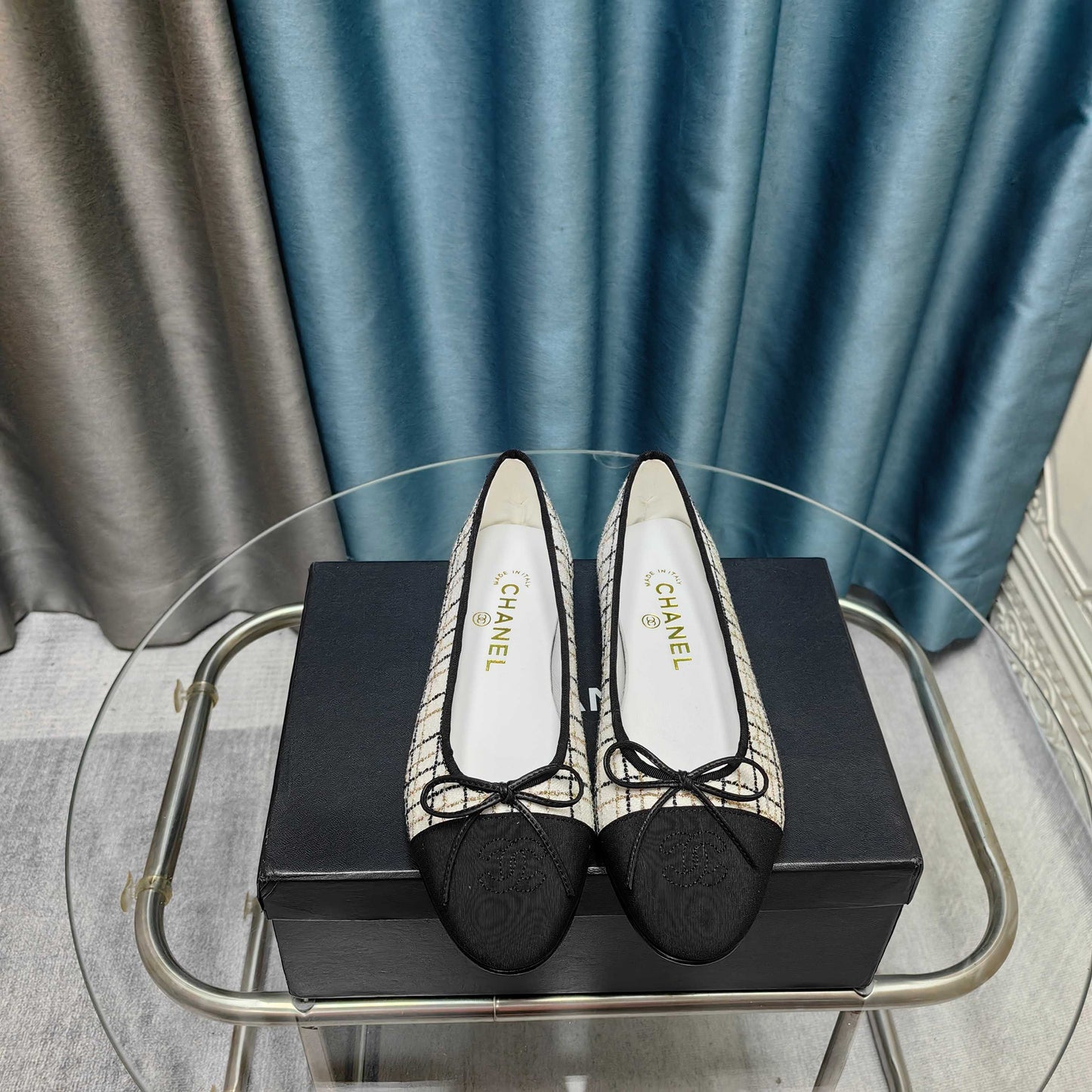 CHANEL 25P Ballet Flat White Tweed Black Grosgrain