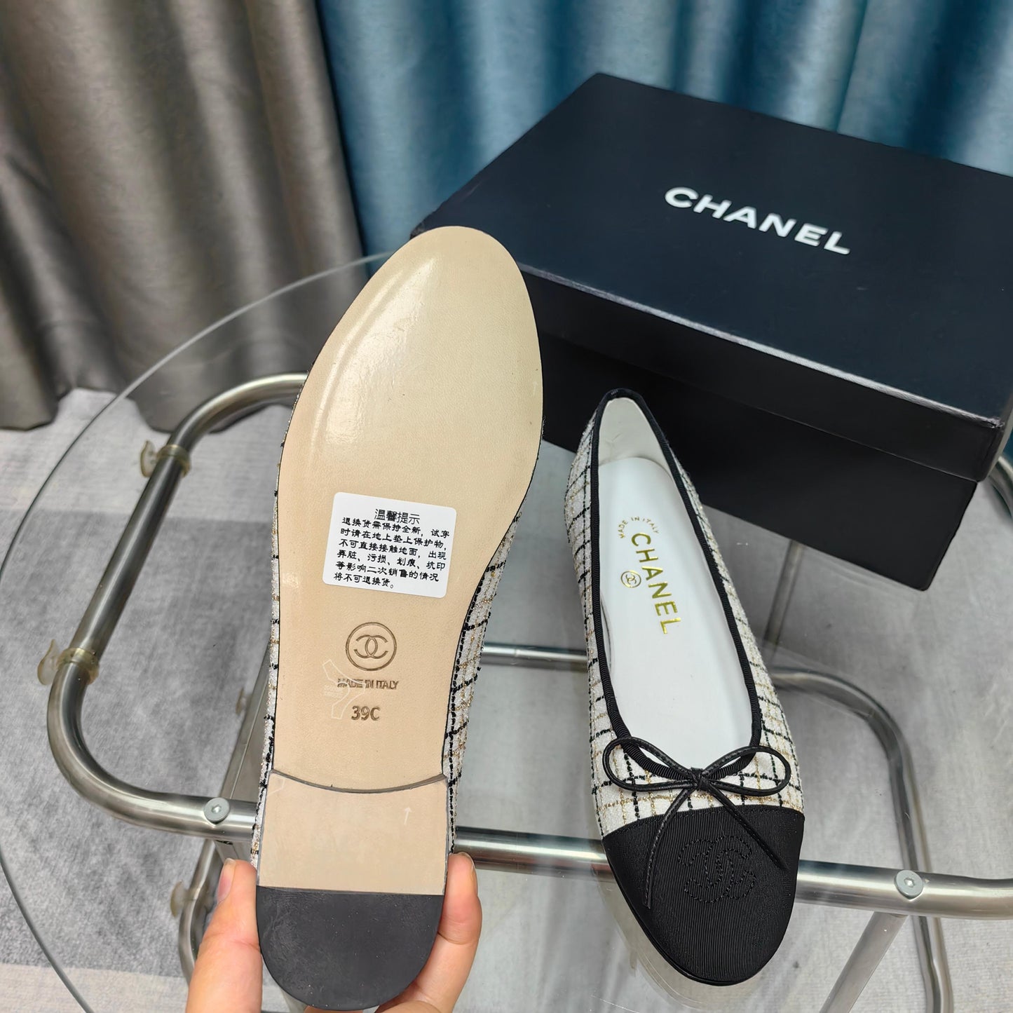 CHANEL 25P Ballet Flat White Tweed Black Grosgrain