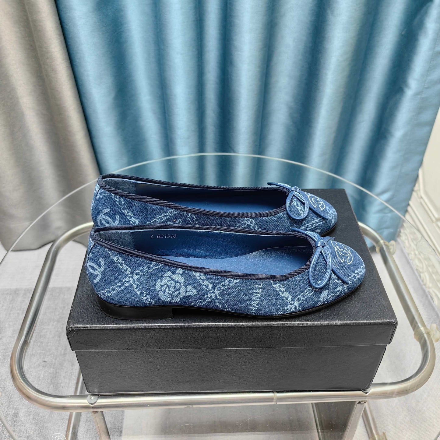 CHANEL 25P Ballet Flat Blue Denim Flower