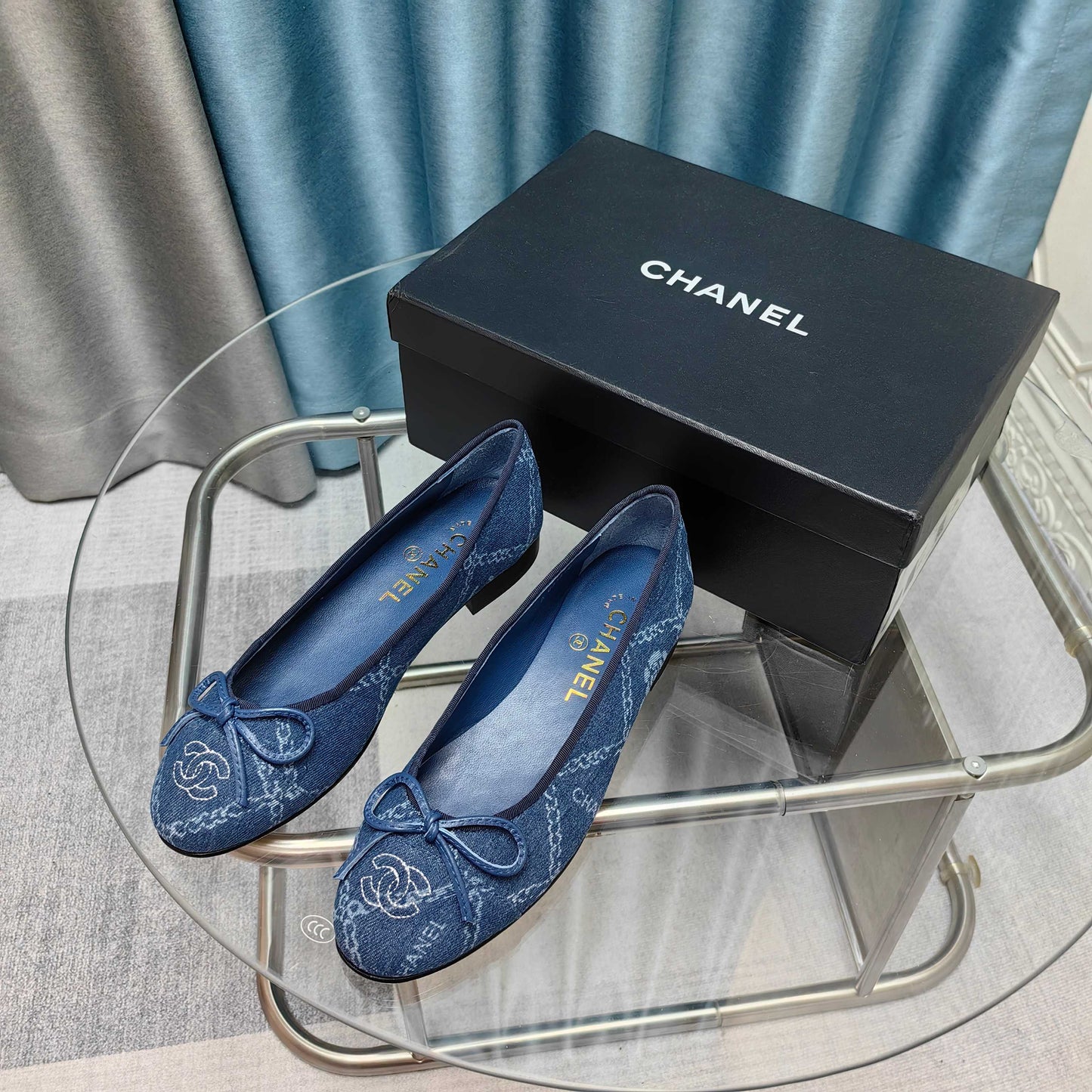CHANEL 25P Ballet Flat Blue Denim Flower