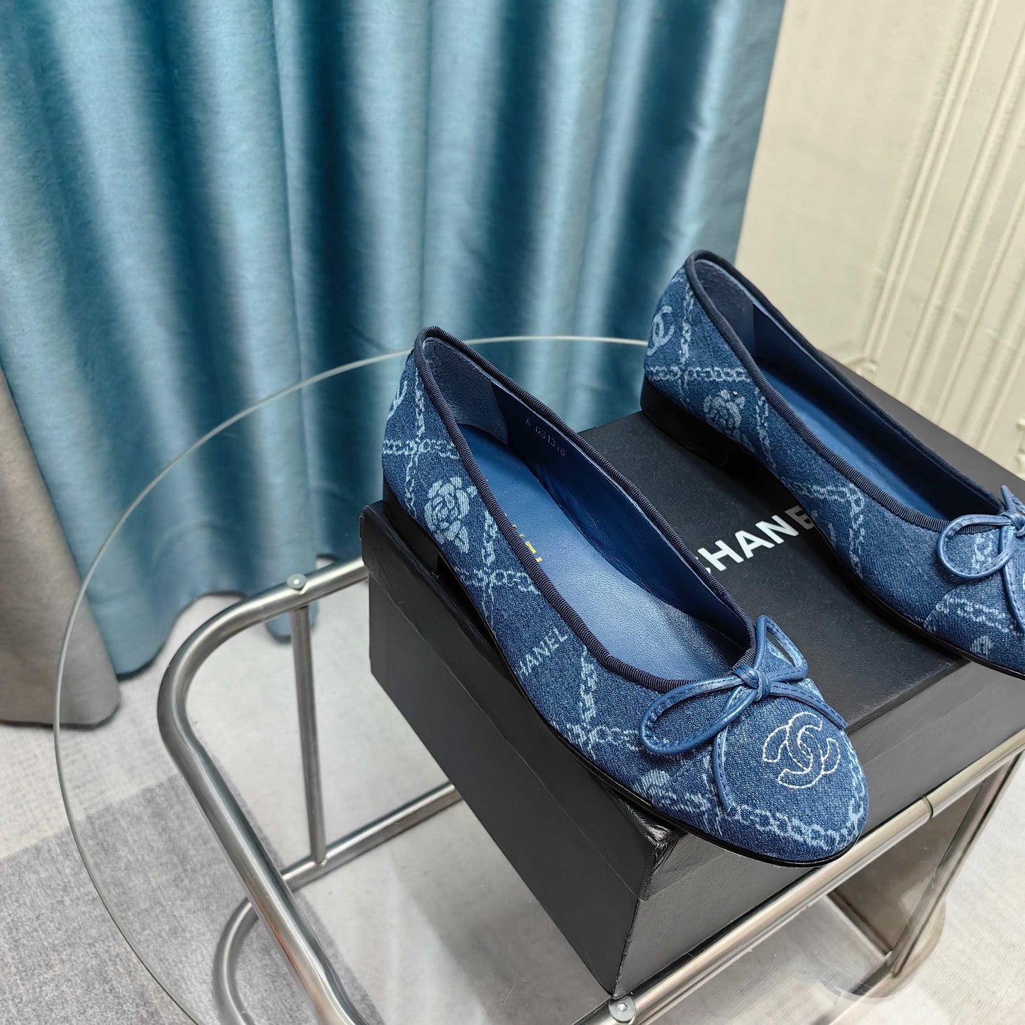 CHANEL 25P Ballet Flat Blue Denim Flower