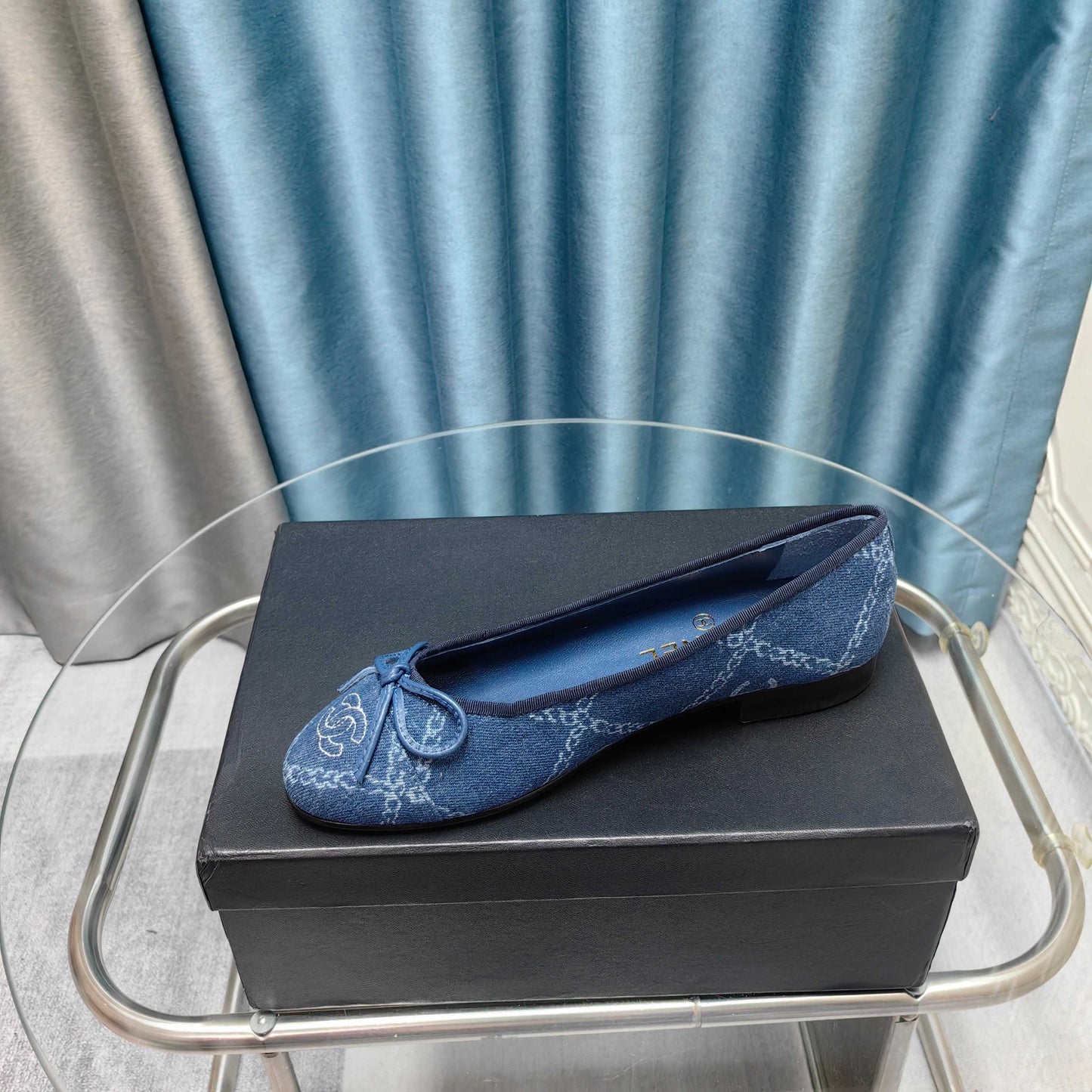 CHANEL 25P Ballet Flat Blue Denim Flower