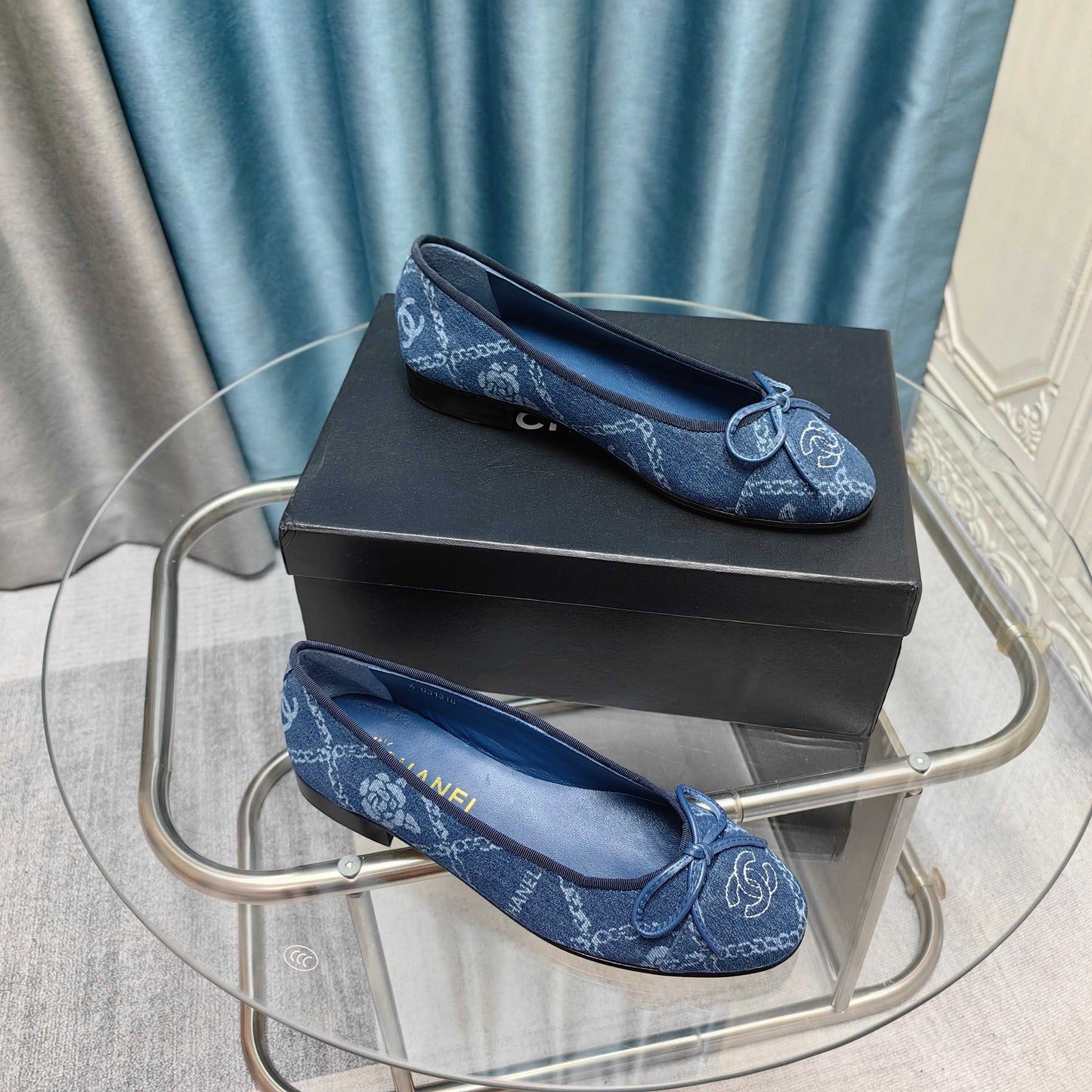 CHANEL 25P Ballet Flat Blue Denim Flower