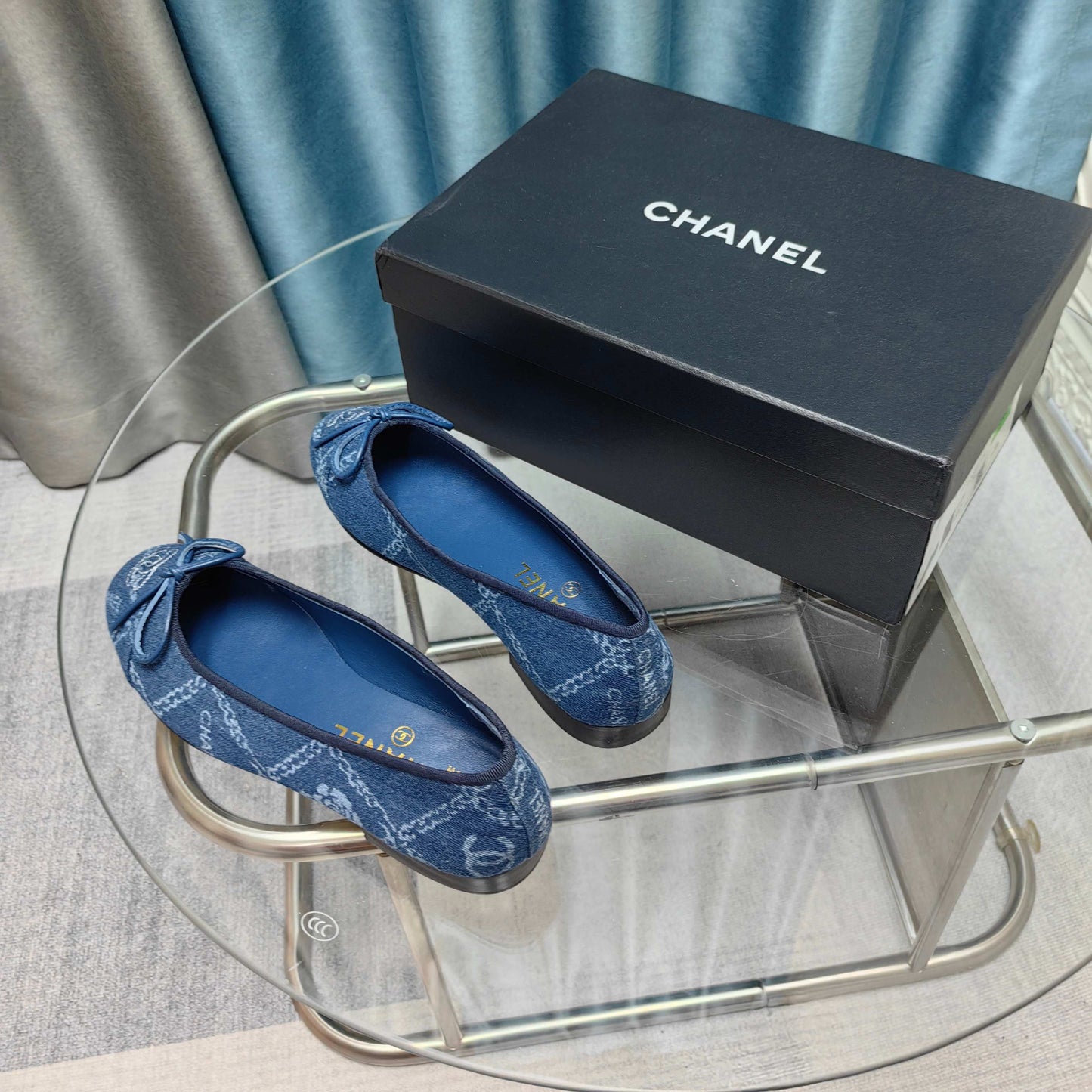 CHANEL 25P Ballet Flat Blue Denim Flower