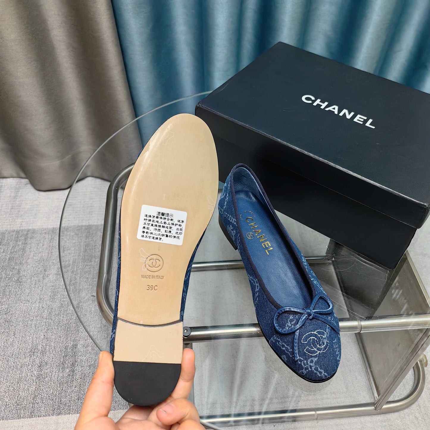 CHANEL 25P Ballet Flat Blue Denim Flower