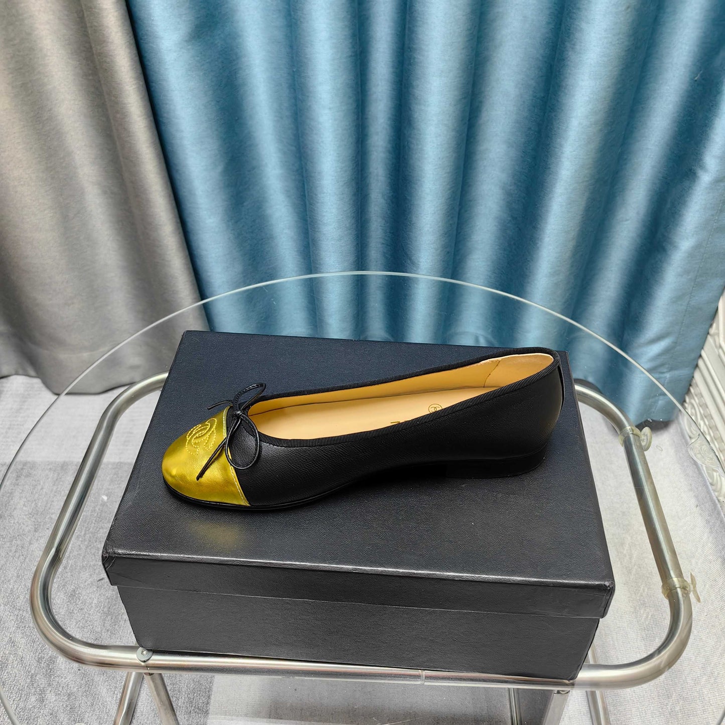 CHANEL 25P Ballet Flat Black Calfskin Yellow Patent Calfskin