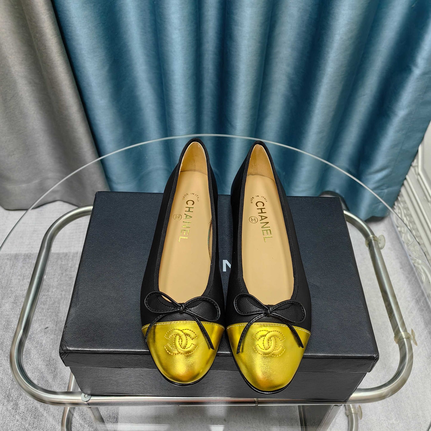 CHANEL 25P Ballet Flat Black Calfskin Yellow Patent Calfskin