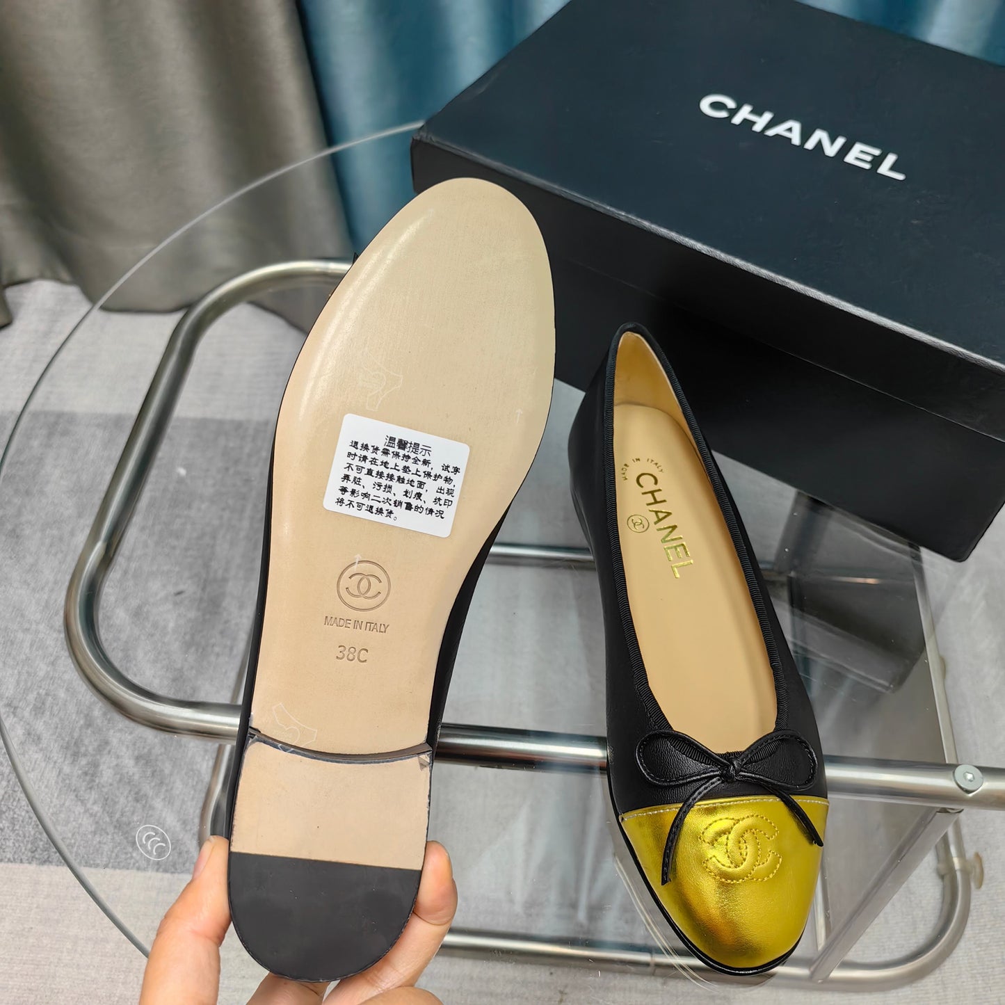 CHANEL 25P Ballet Flat Black Calfskin Yellow Patent Calfskin