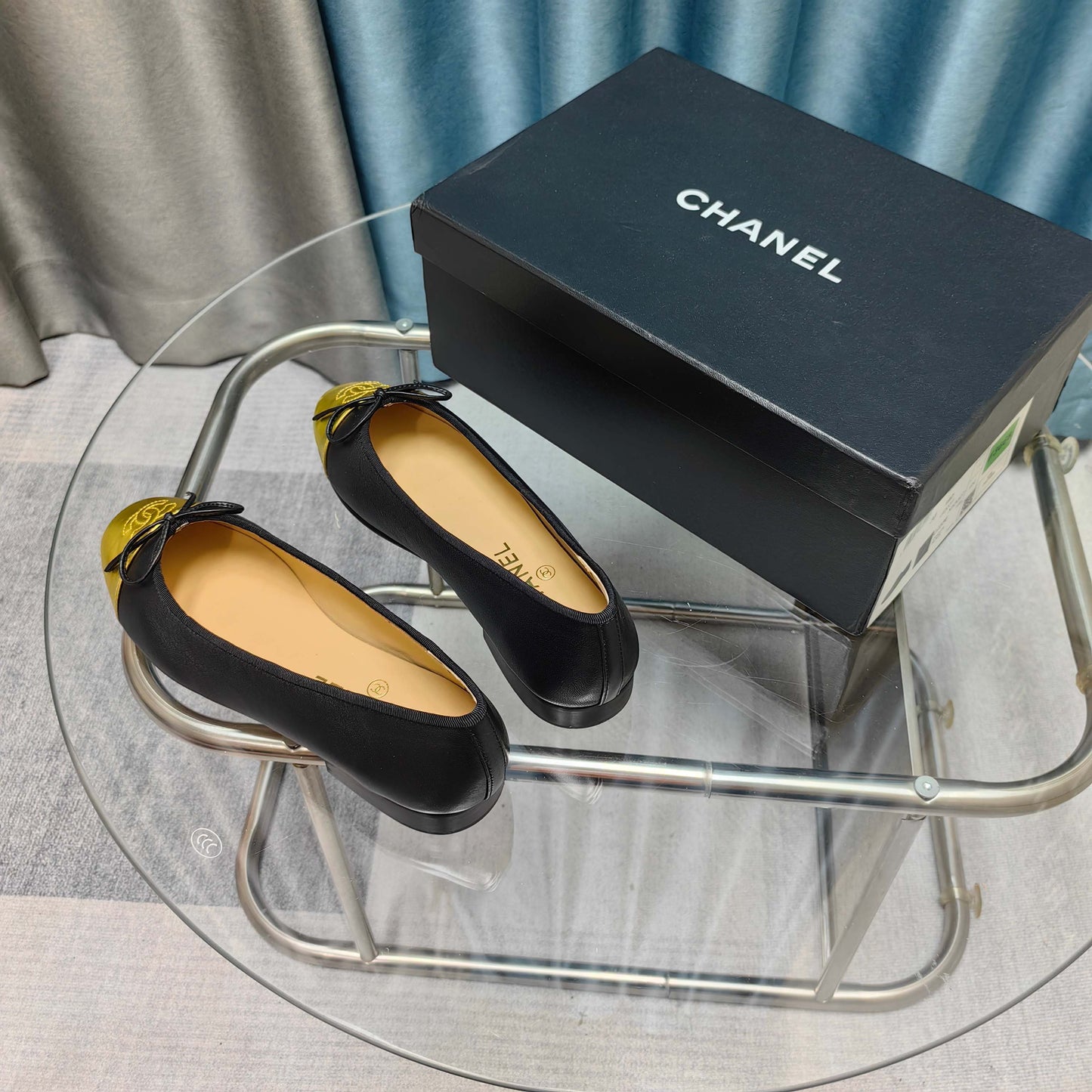 CHANEL 25P Ballet Flat Black Calfskin Yellow Patent Calfskin