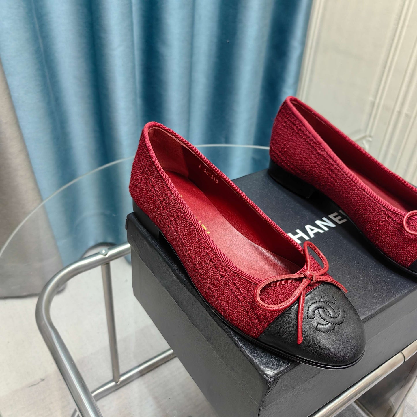CHANEL 25P Ballet Flat Red Tweed Black Calfskin