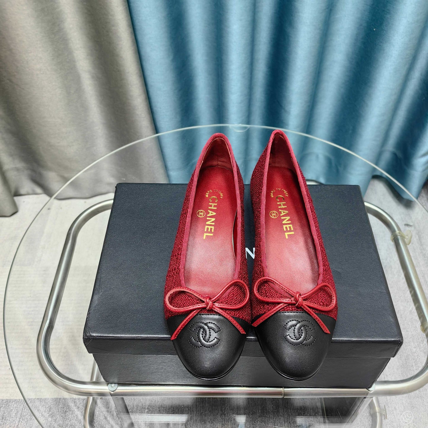 CHANEL 25P Ballet Flat Red Tweed Black Calfskin