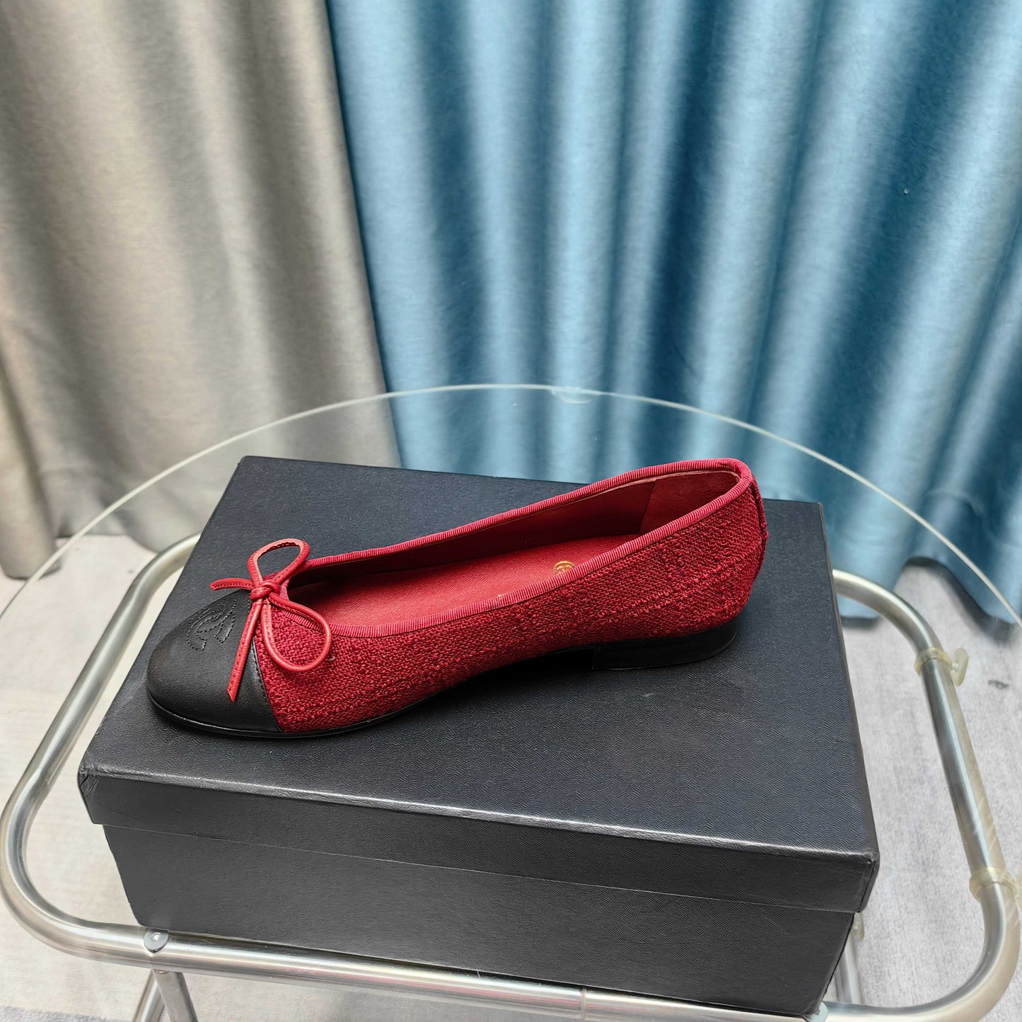 CHANEL 25P Ballet Flat Red Tweed Black Calfskin