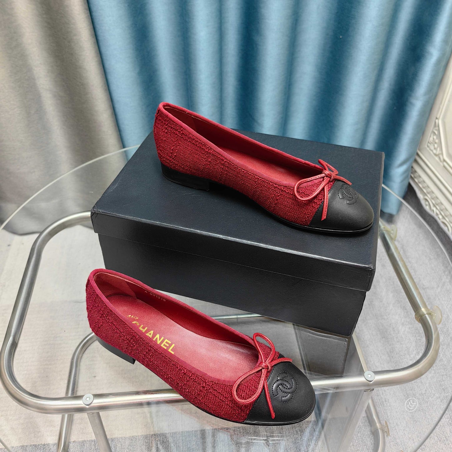 CHANEL 25P Ballet Flat Red Tweed Black Calfskin