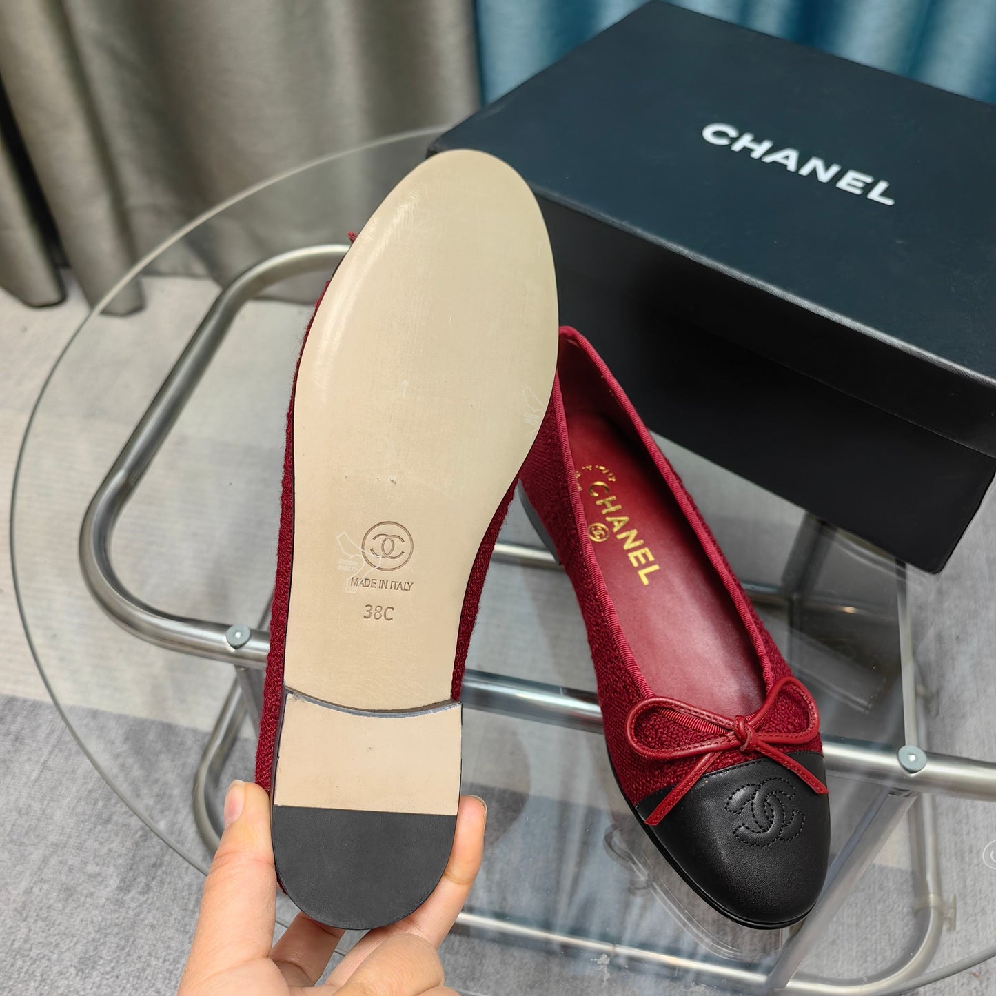CHANEL 25P Ballet Flat Red Tweed Black Calfskin