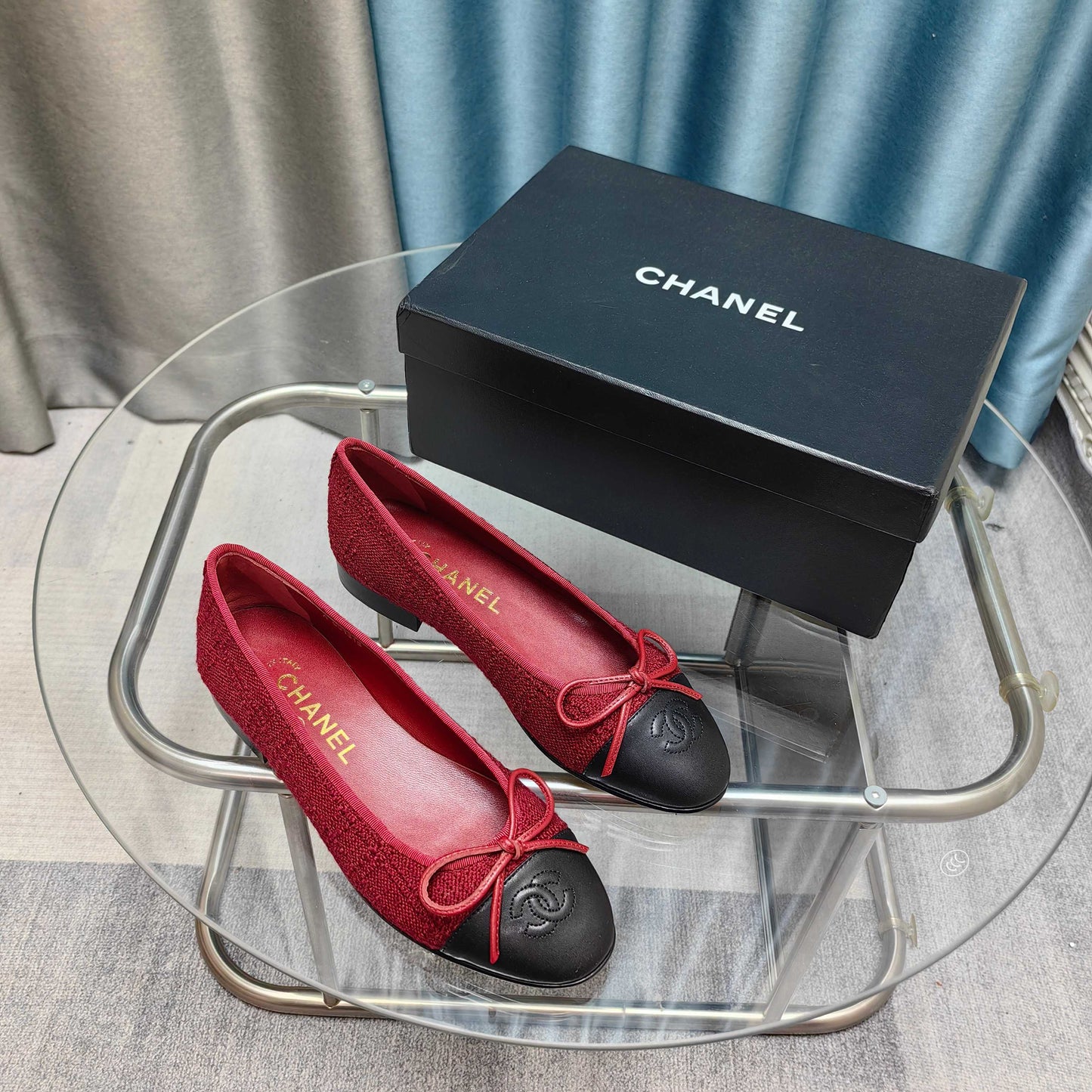 CHANEL 25P Ballet Flat Red Tweed Black Calfskin