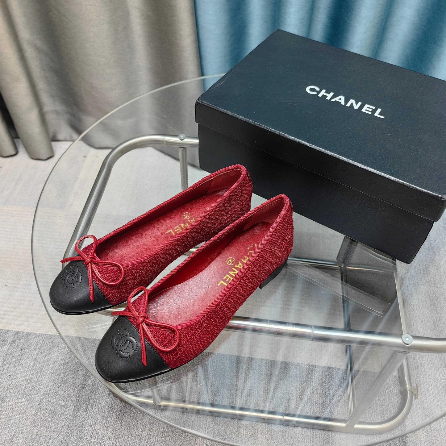 CHANEL 25P Ballet Flat Red Tweed Black Calfskin